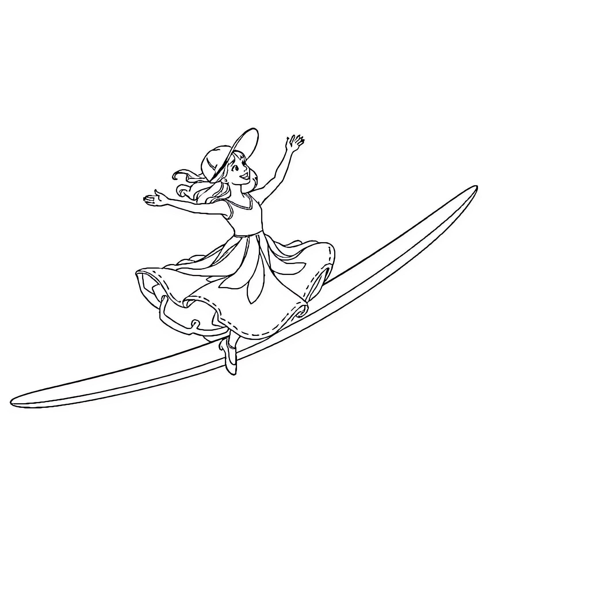 Casquette character riding a surfboard Coloring Page (free black-and-white line drawing printable PDF for all, from beginners to advanced learners, including children, teens, adults, and seniors)