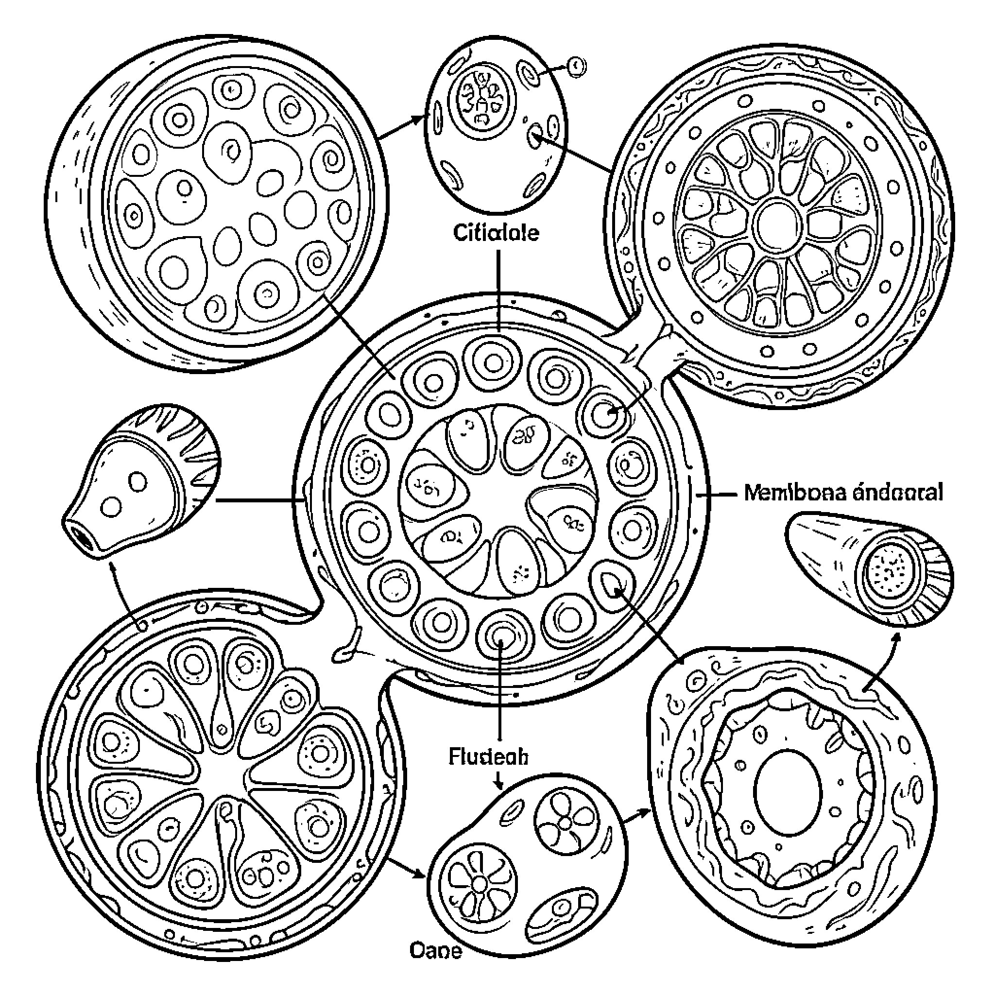 Animal Cell Structures and Components Coloring Page (free black-and-white line drawing printable PDF for all, from beginners to advanced learners, including children, teens, adults, and seniors)