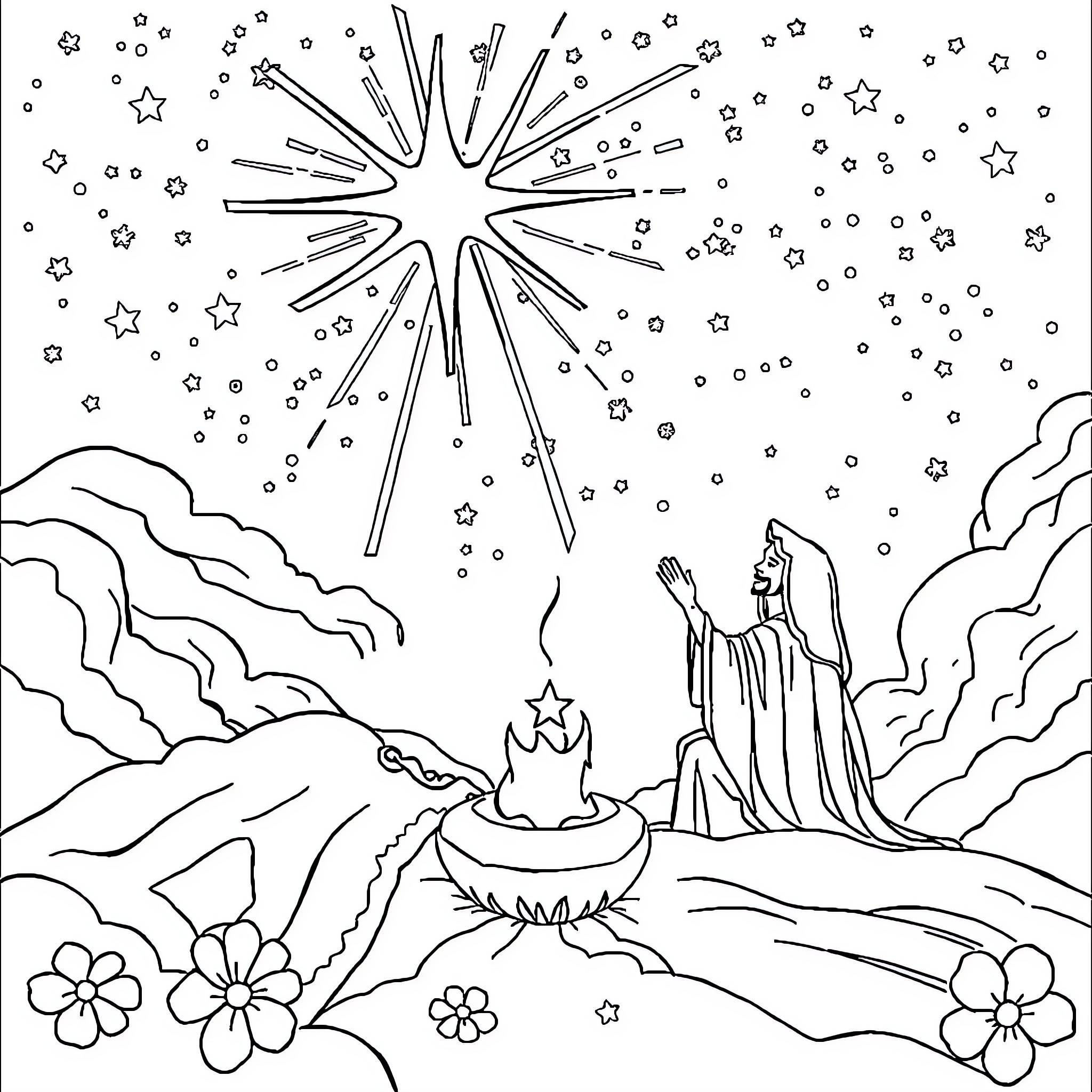 Miraculous Celestial Revelation in the Starry Night Coloring Page (free black-and-white line drawing printable PDF for all, from beginners to advanced learners, including children, teens, adults, and seniors)