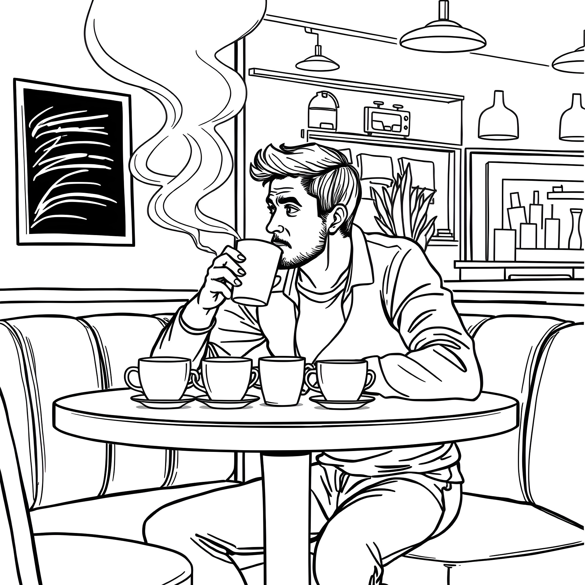Man enjoying coffee in a cozy cafe Coloring Page (free black-and-white line drawing printable PDF for all, from beginners to advanced learners, including children, teens, adults, and seniors)