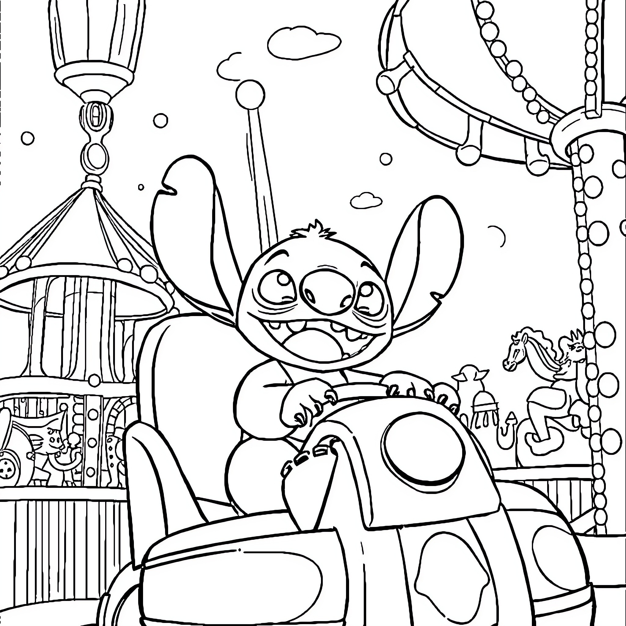 Stitch exploring the colorful carnival scene Coloring Page (free black-and-white line drawing printable PDF for all, from beginners to advanced learners, including children, teens, adults, and seniors)