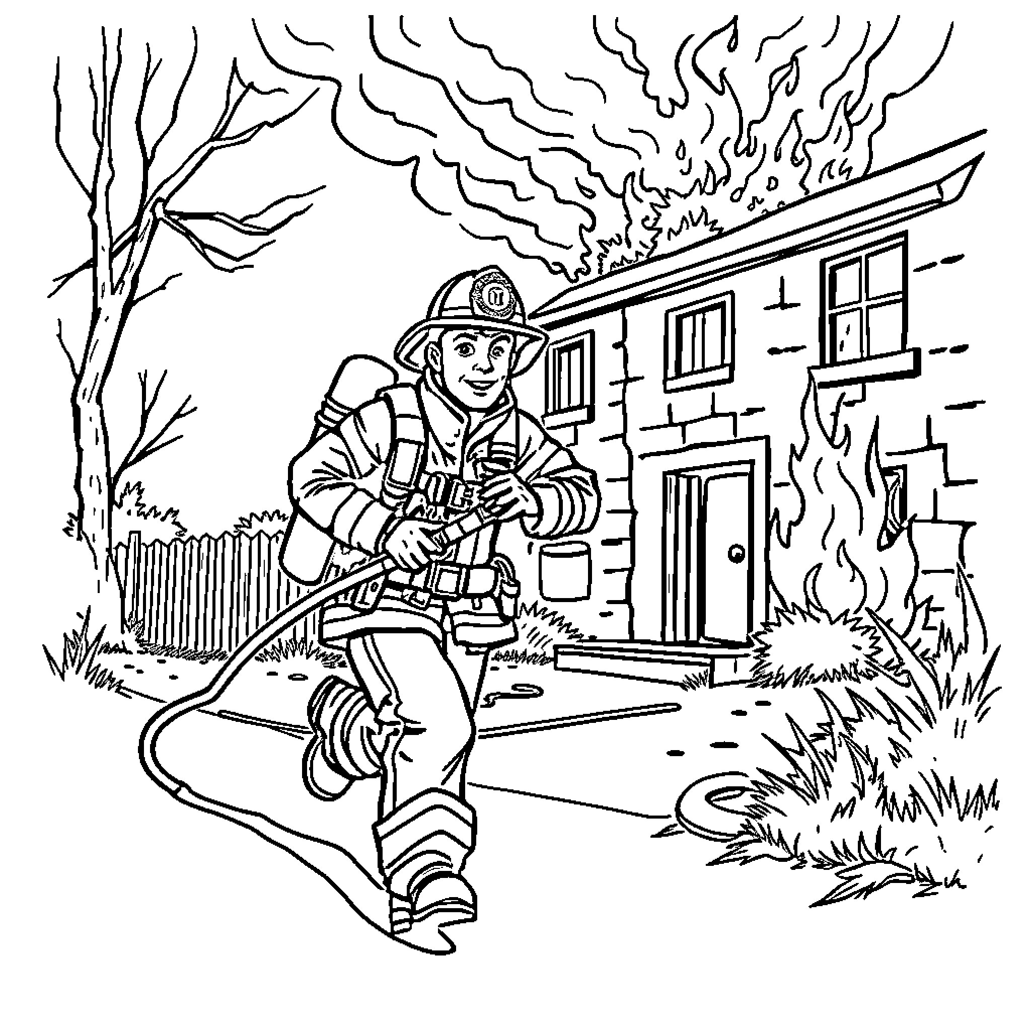 Firefighter battling flames outside burning building Coloring Page (free black-and-white line drawing printable PDF for all, from beginners to advanced learners, including children, teens, adults, and seniors)
