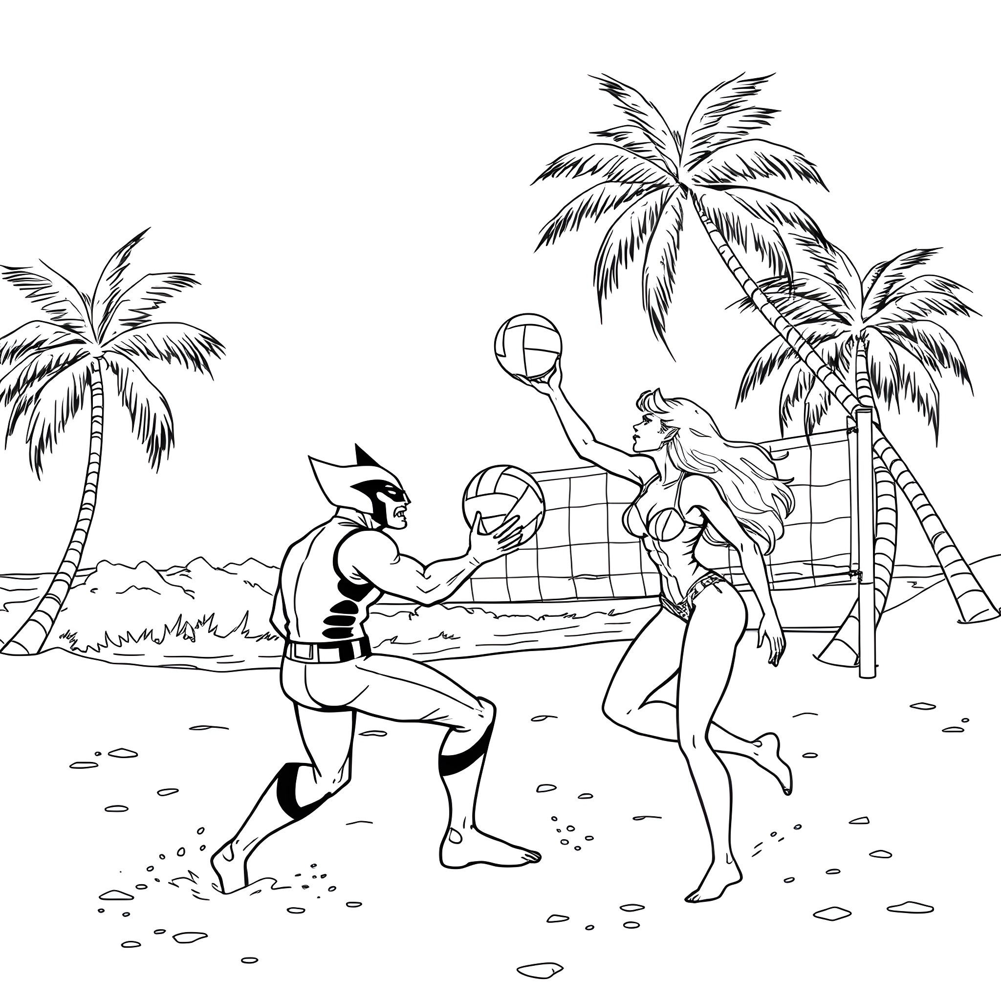 Wolverine playing volleyball with a woman on a tropical beach Coloring Page (free black-and-white line drawing printable PDF for all, from beginners to advanced learners, including children, teens, adults, and seniors)