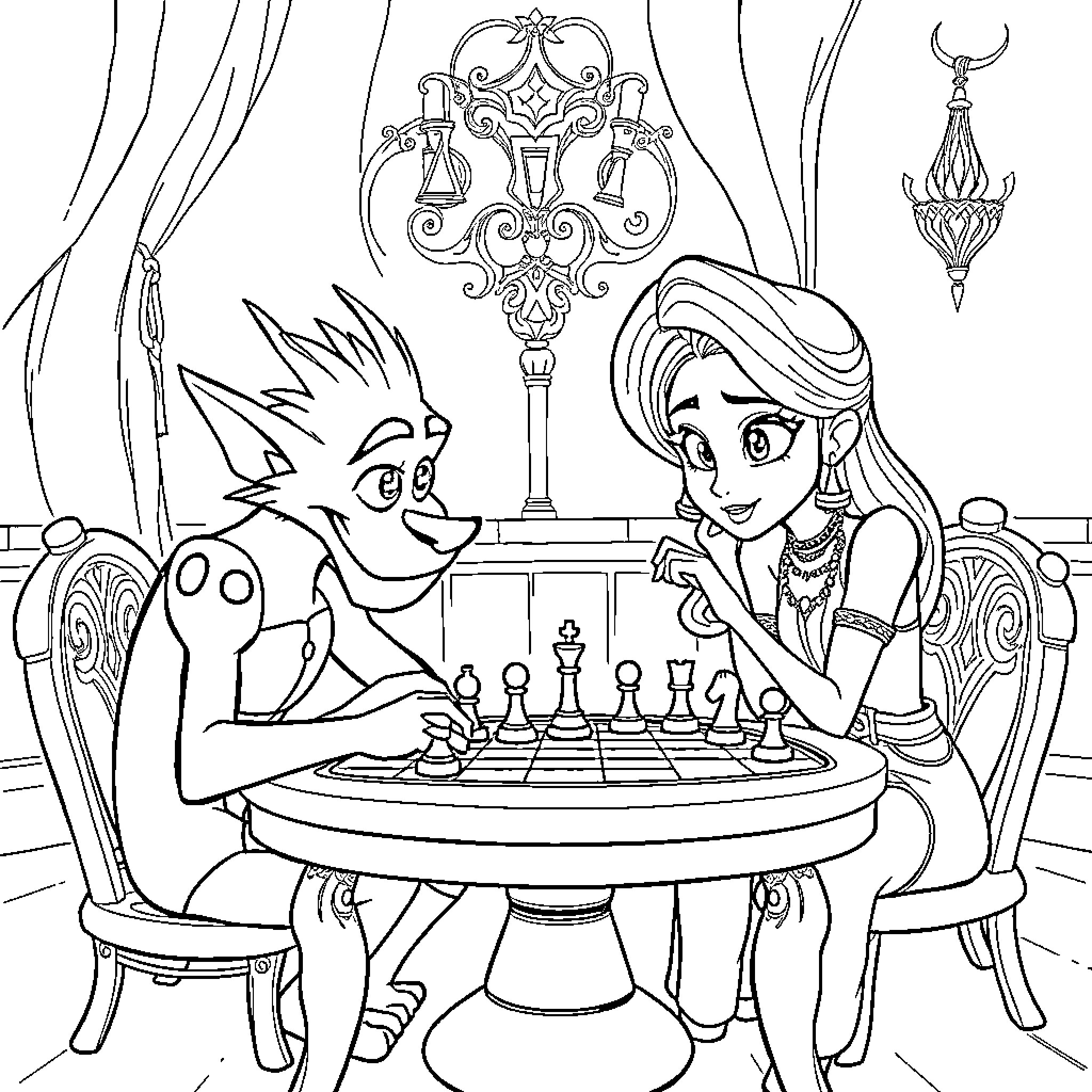 Mal and friend playing chess in elegant room Coloring Page (free black-and-white line drawing printable PDF for all, from beginners to advanced learners, including children, teens, adults, and seniors)
