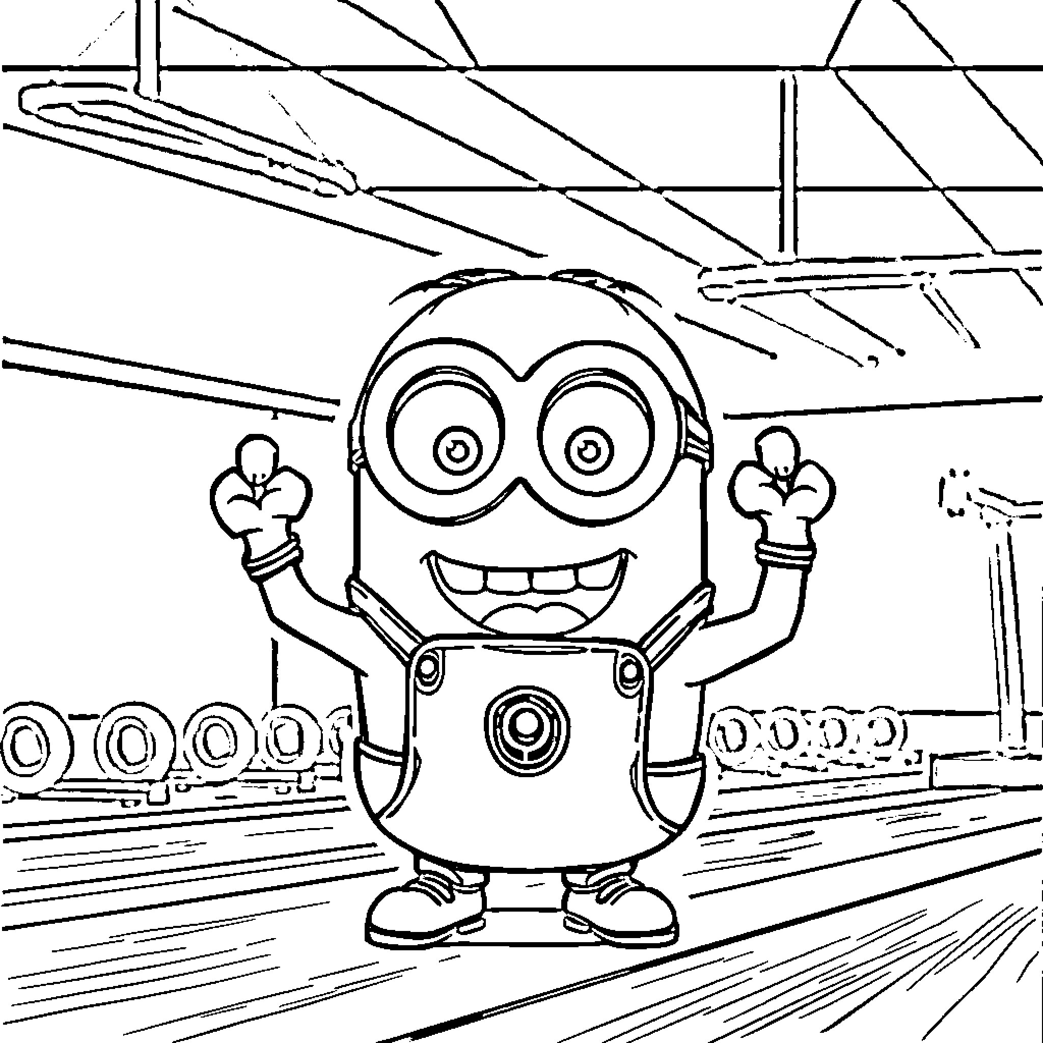 Minion Celebrating in the Workplace Coloring Page (free black-and-white line drawing printable PDF for all, from beginners to advanced learners, including children, teens, adults, and seniors)