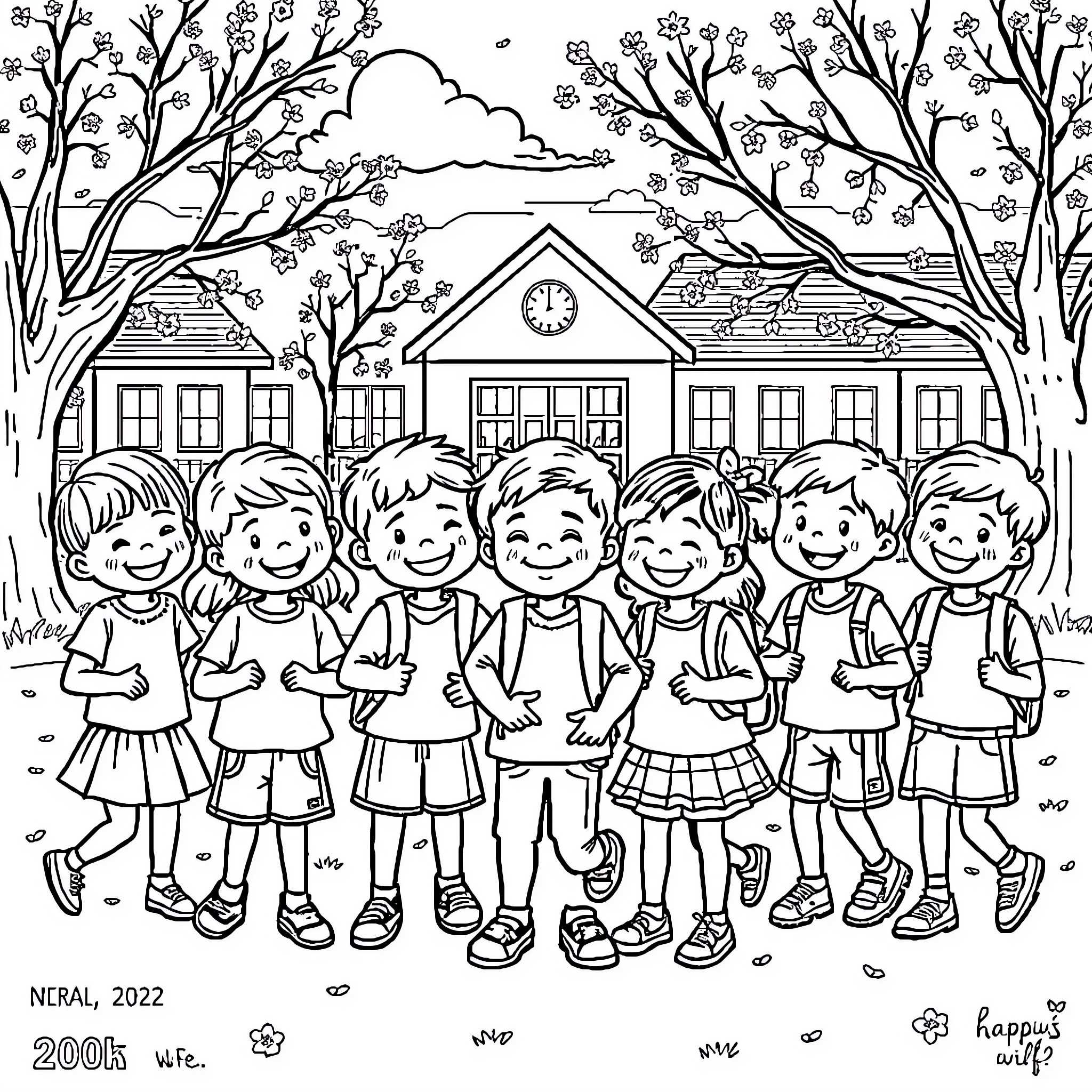 Kid Friends Standing in Front of Schoolhouse Coloring Page (free black-and-white line drawing printable PDF for all, from beginners to advanced learners, including children, teens, adults, and seniors)
