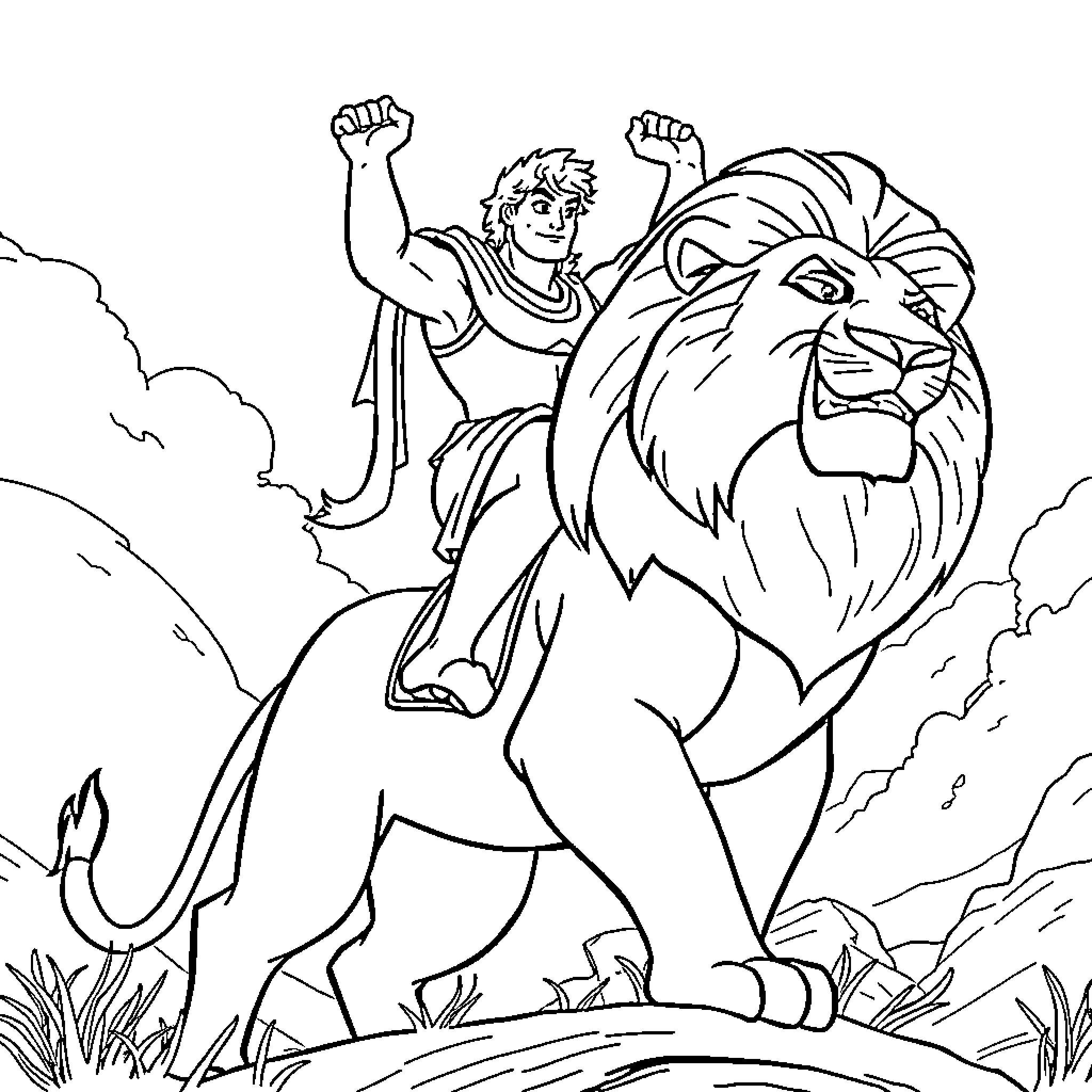 Hercules triumphantly riding a mighty lion Coloring Page (free black-and-white line drawing printable PDF for all, from beginners to advanced learners, including children, teens, adults, and seniors)