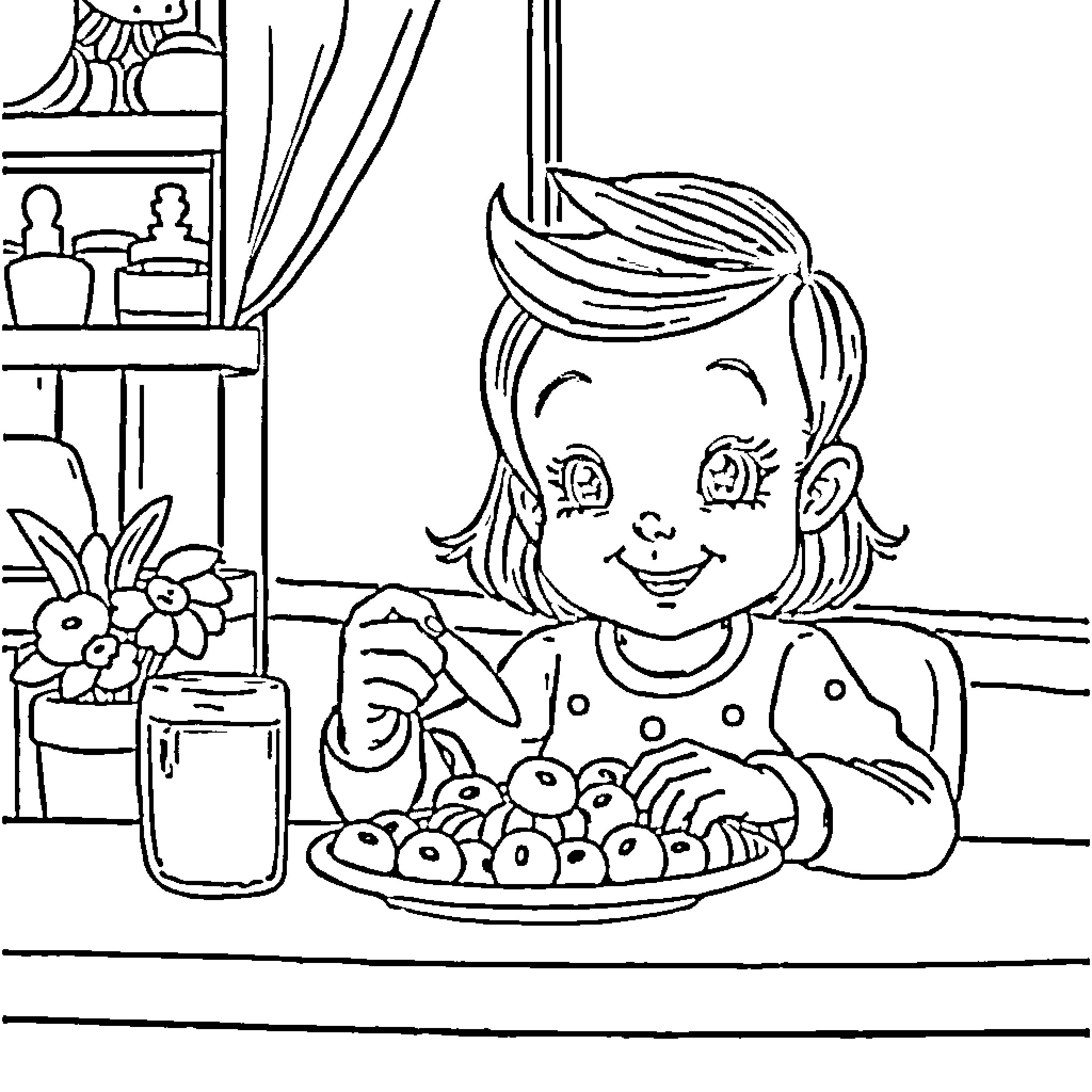 Nina Enjoying a Snack in the Kitchen Coloring Page (free black-and-white line drawing printable PDF for all, from beginners to advanced learners, including children, teens, adults, and seniors)