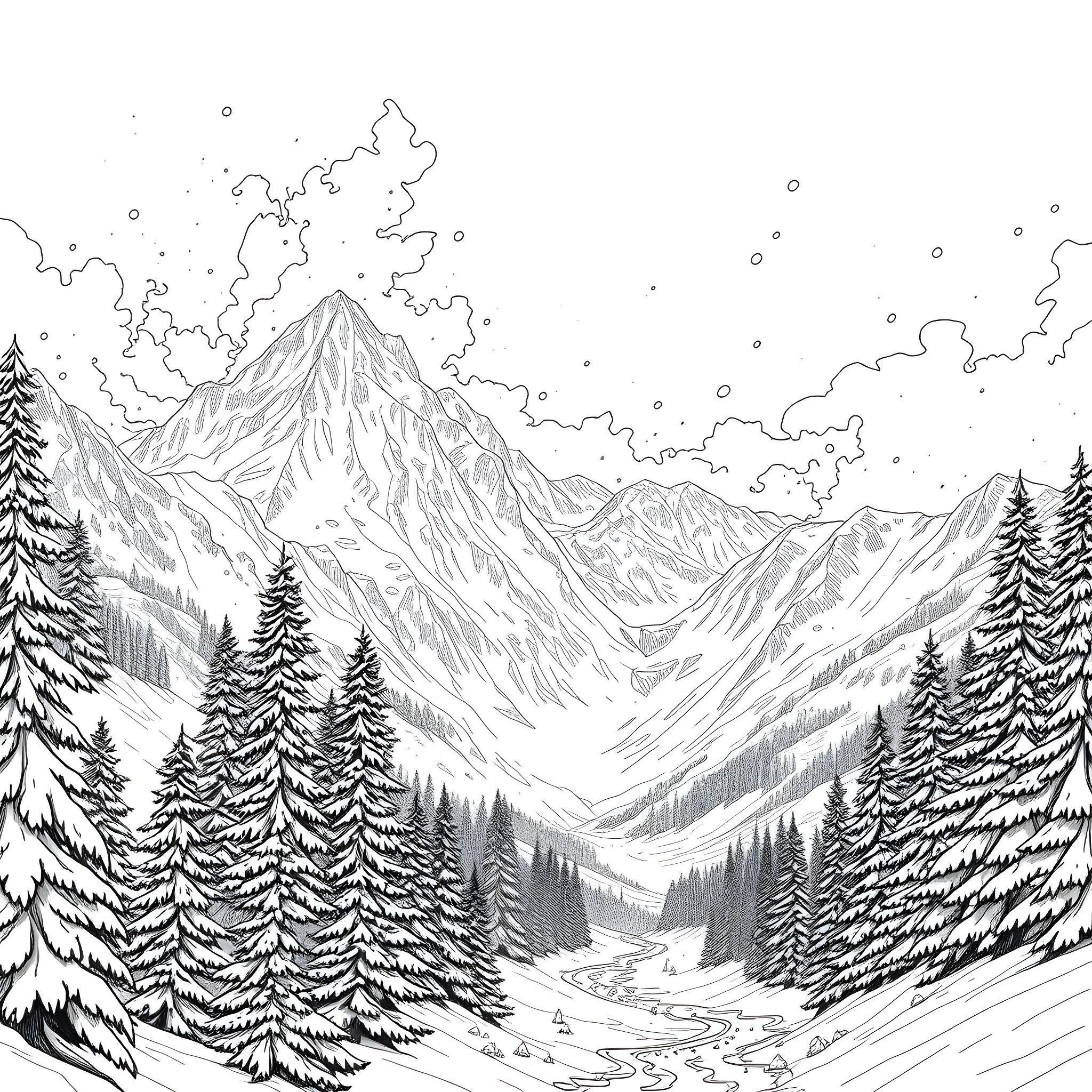 Snow-filled mountain landscape with pine trees Coloring Page (free black-and-white line drawing printable PDF for all, from beginners to advanced learners, including children, teens, adults, and seniors)