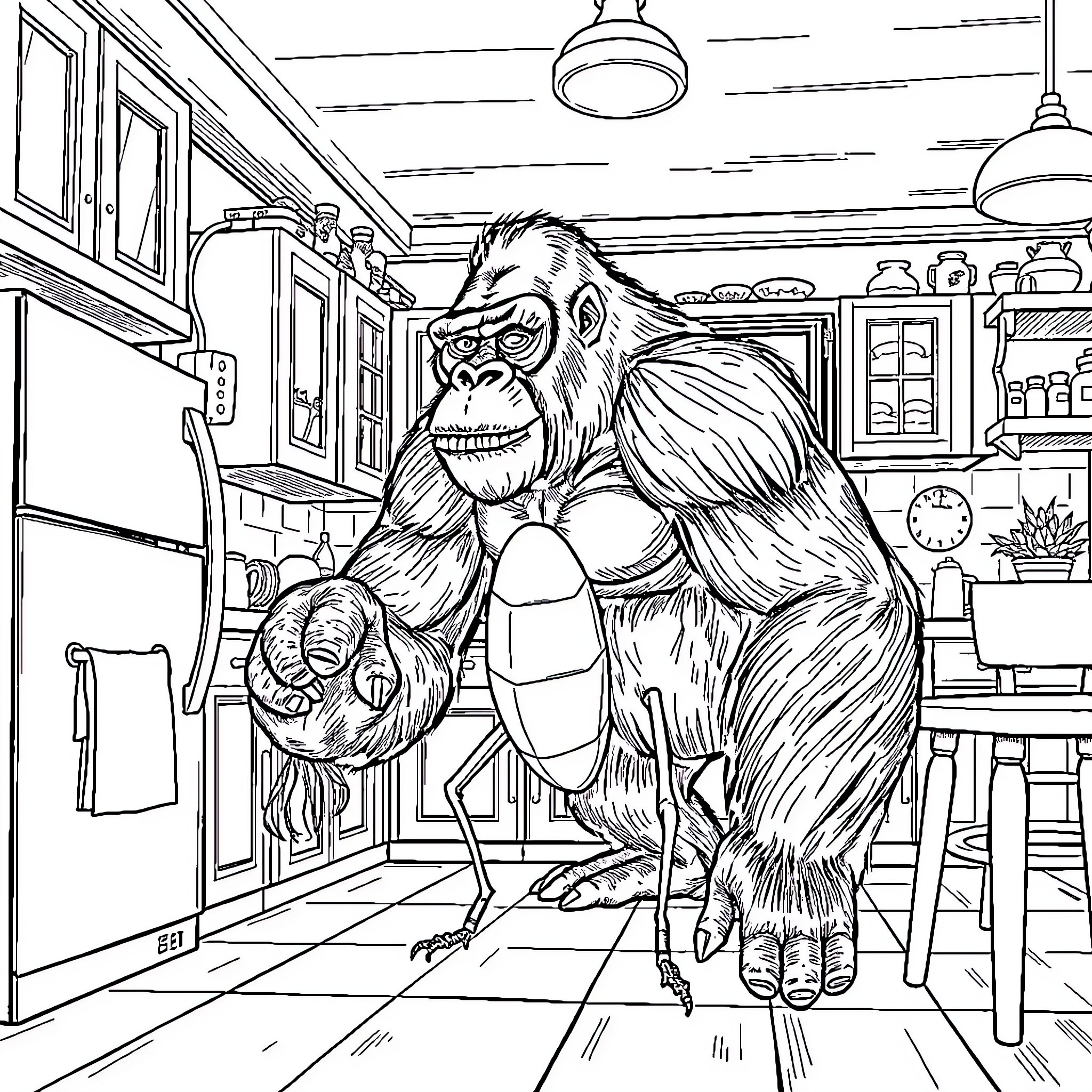 Gorilla exploring a cozy kitchen setting Coloring Page (free black-and-white line drawing printable PDF for all, from beginners to advanced learners, including children, teens, adults, and seniors)