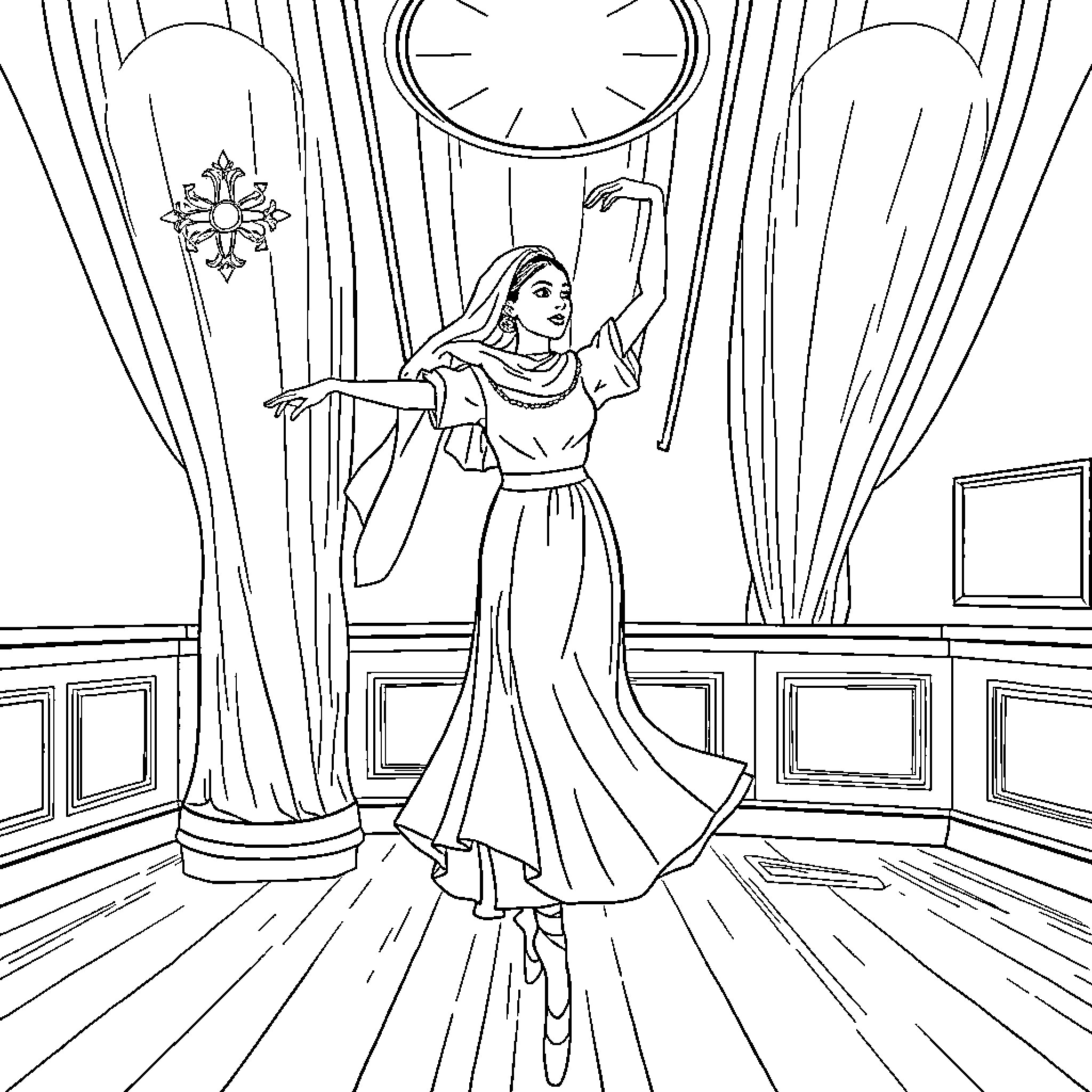 Rumi dancing gracefully in an elegant ballroom Coloring Page (free black-and-white line drawing printable PDF for all, from beginners to advanced learners, including children, teens, adults, and seniors)