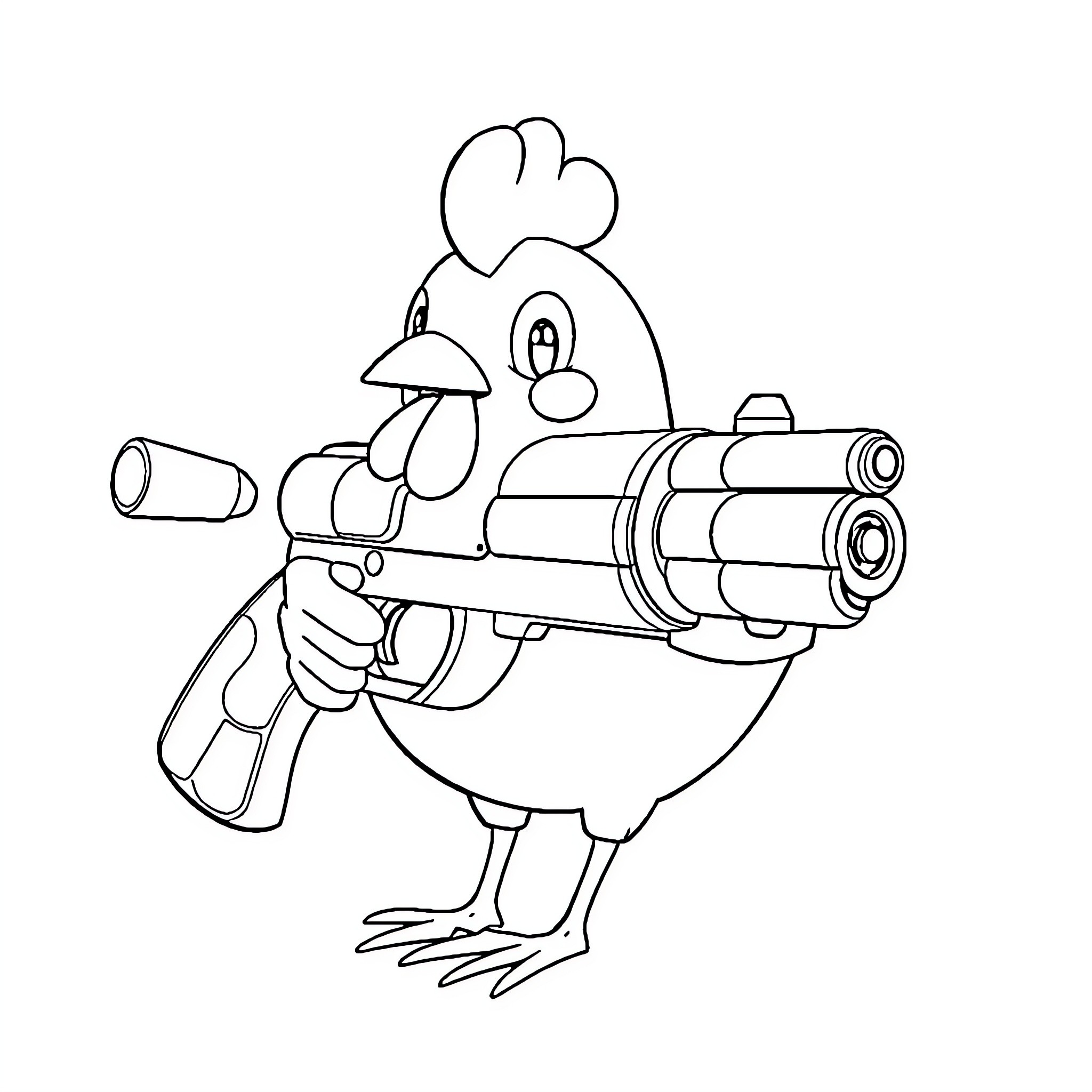 Chicken wielding a futuristic ray gun Coloring Page (free black-and-white line drawing printable PDF for all, from beginners to advanced learners, including children, teens, adults, and seniors)