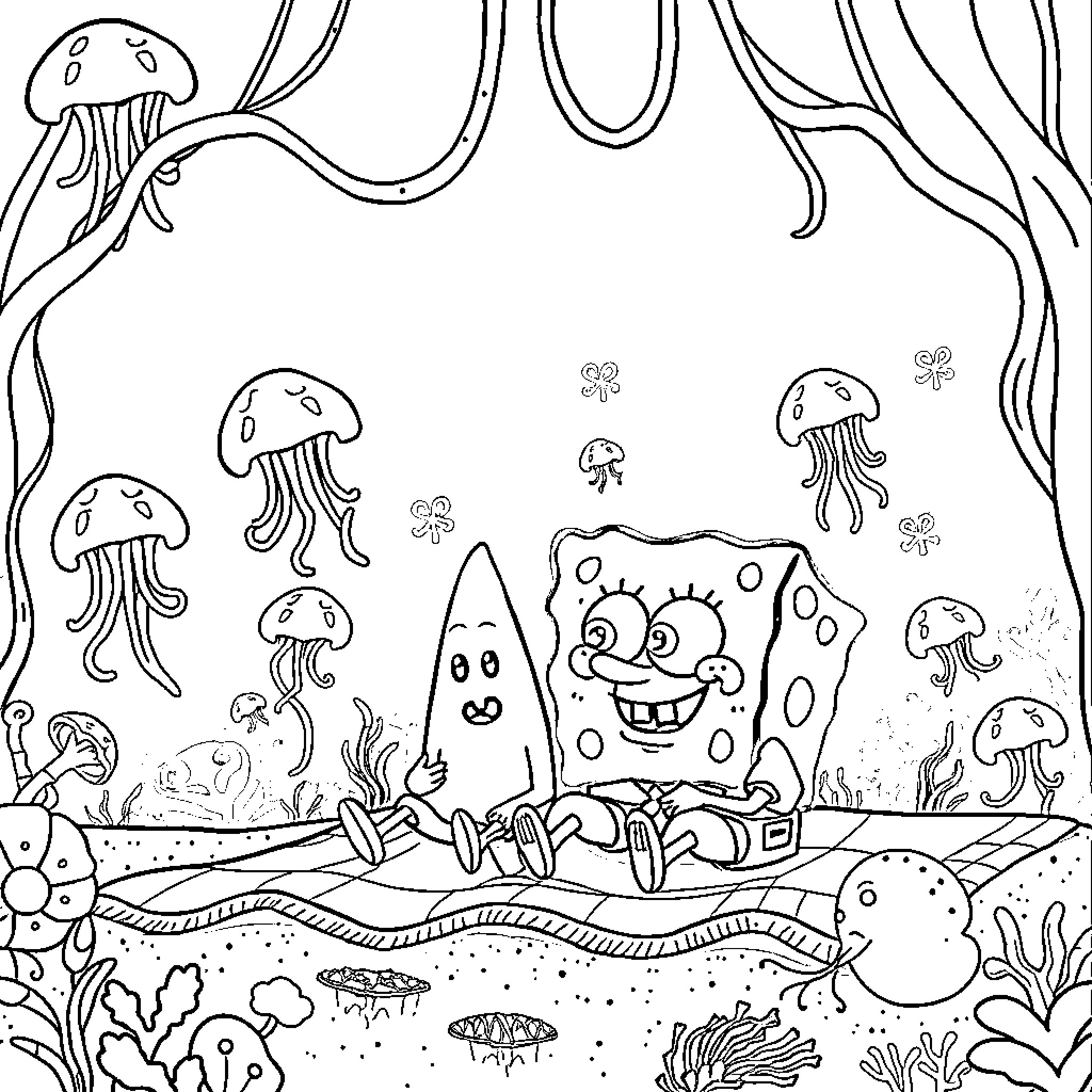 Spongebob and friends underwater adventure Coloring Page (free black-and-white line drawing printable PDF for all, from beginners to advanced learners, including children, teens, adults, and seniors)