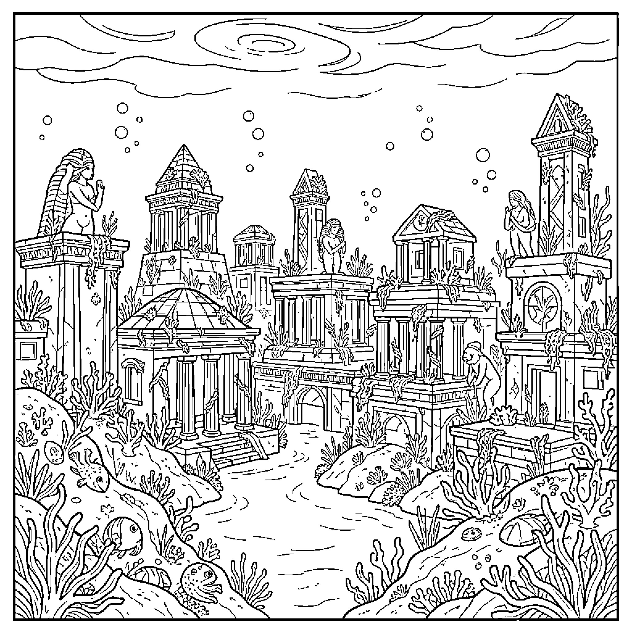 Atlantis underwater city with ancient ruins and sea life Coloring Page (free black-and-white line drawing printable PDF for all, from beginners to advanced learners, including children, teens, adults, and seniors)