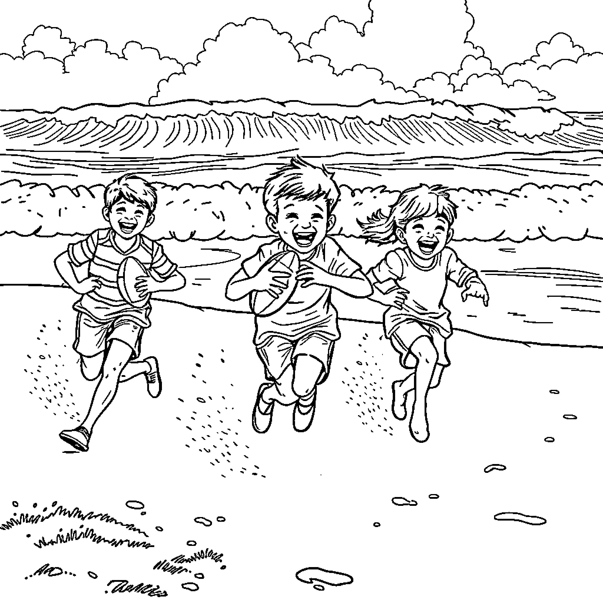 Kid playing happily at the beach Coloring Page (free black-and-white line drawing printable PDF for all, from beginners to advanced learners, including children, teens, adults, and seniors)
