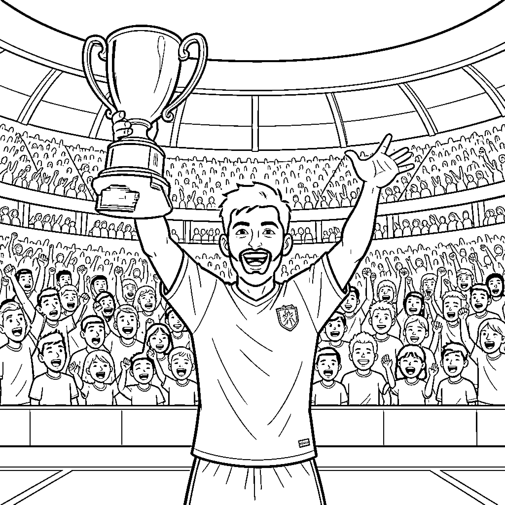 Soccer Player Celebrating Victory with Trophy Coloring Page (free black-and-white line drawing printable PDF for all, from beginners to advanced learners, including children, teens, adults, and seniors)
