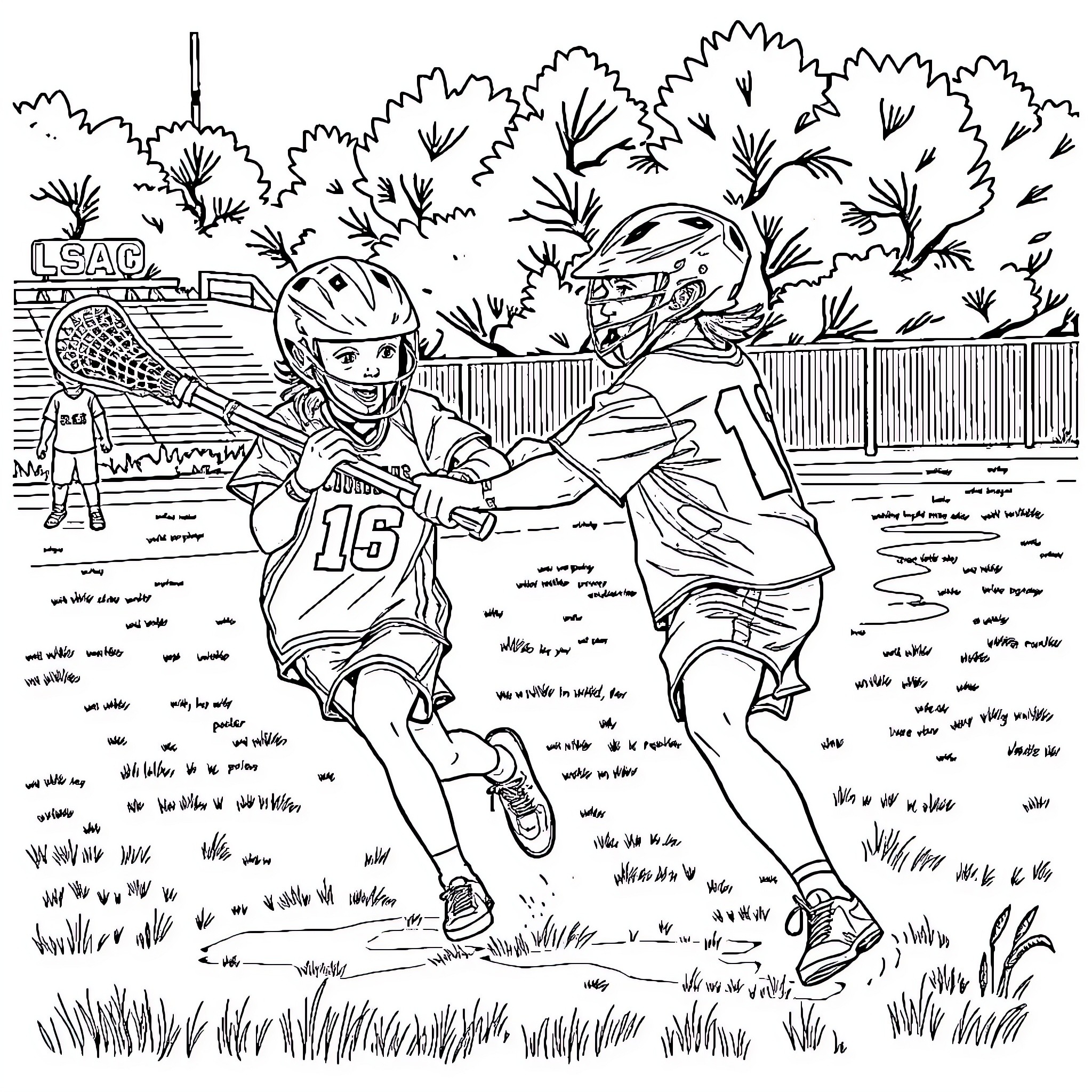 Kid athletes playing sports on field Coloring Page (free black-and-white line drawing printable PDF for all, from beginners to advanced learners, including children, teens, adults, and seniors)