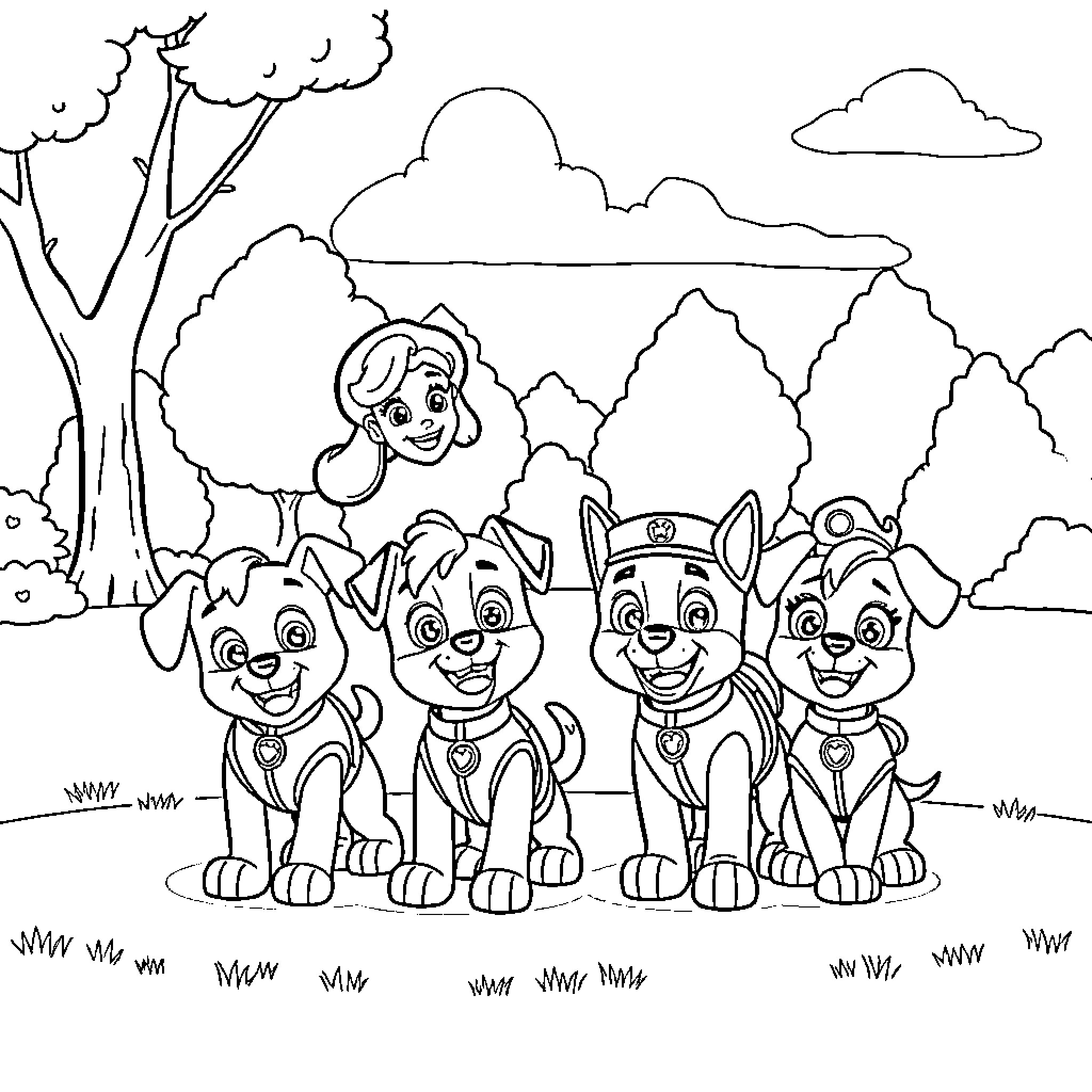 Paw Patrol puppies exploring the outdoor adventure Coloring Page (free black-and-white line drawing printable PDF for all, from beginners to advanced learners, including children, teens, adults, and seniors)