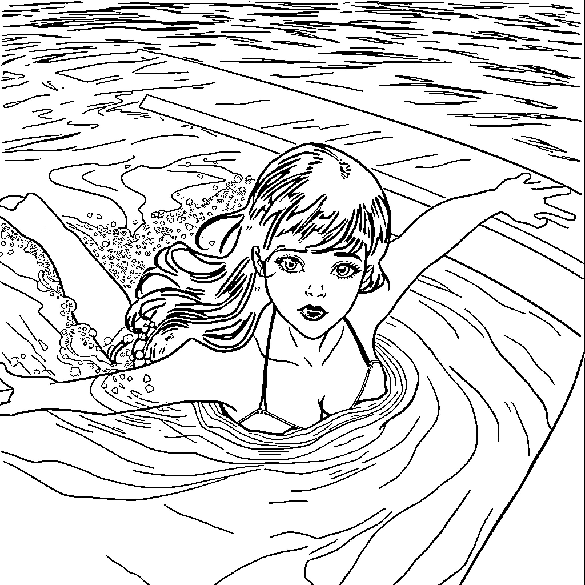 Goth Girl Swimming in the Ocean Coloring Page (free black-and-white line drawing printable PDF for all, from beginners to advanced learners, including children, teens, adults, and seniors)