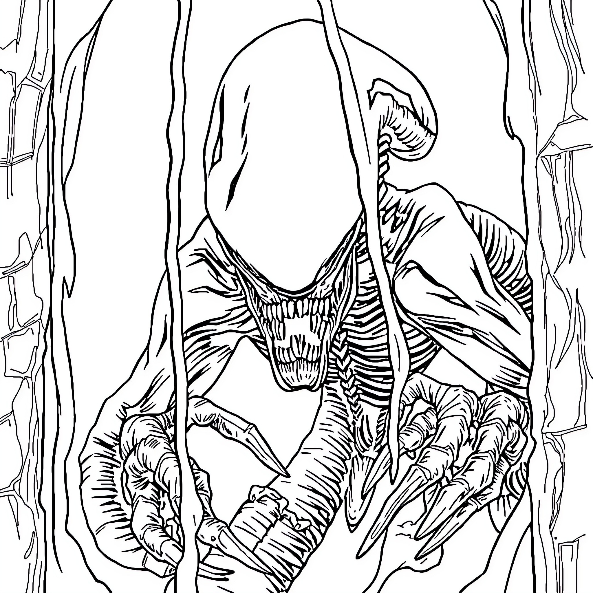 Xenomorph emerging from the darkness Coloring Page (free black-and-white line drawing printable PDF for all, from beginners to advanced learners, including children, teens, adults, and seniors)