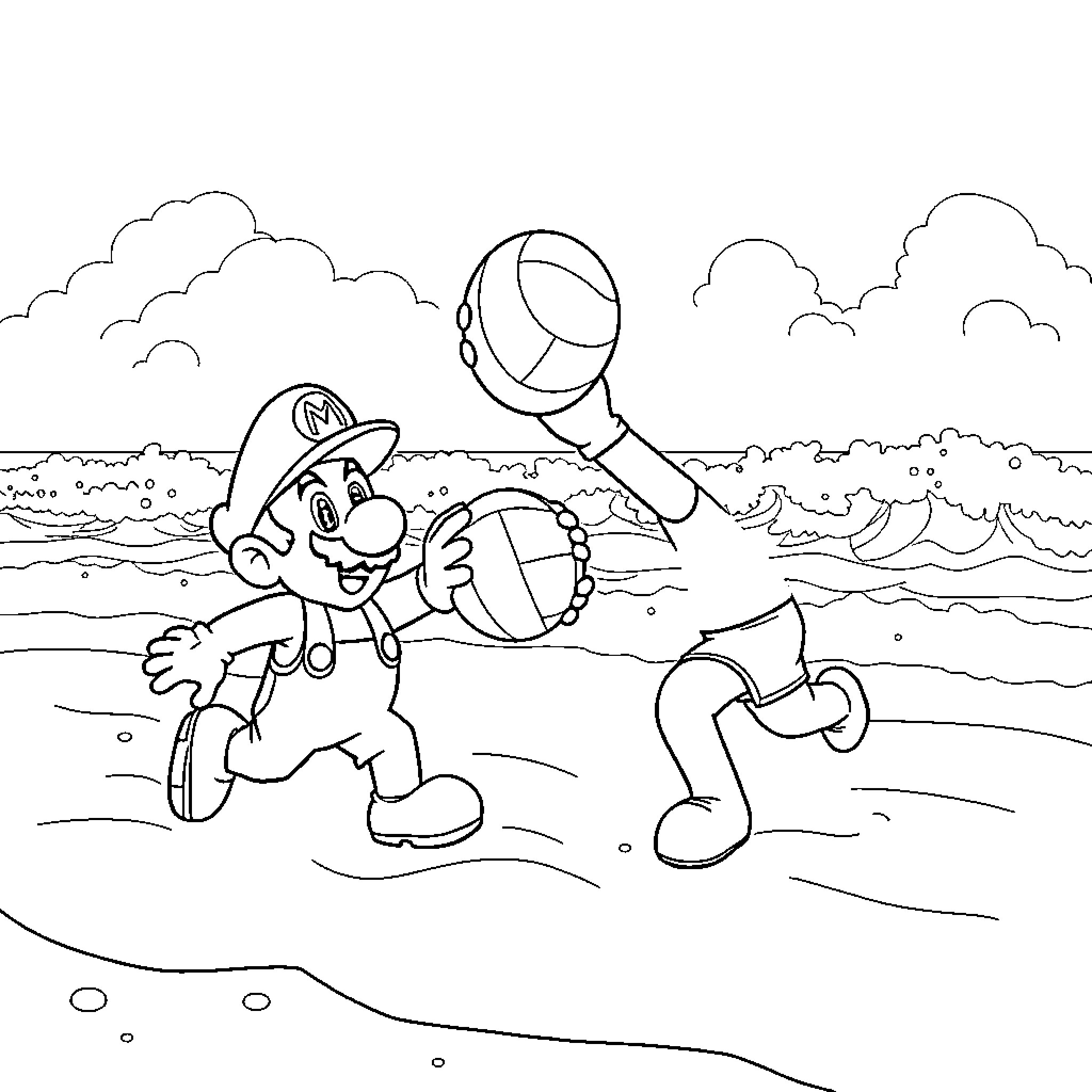 Mario and Companion Explore Scenic Beach Coloring Page (free black-and-white line drawing printable PDF for all, from beginners to advanced learners, including children, teens, adults, and seniors)