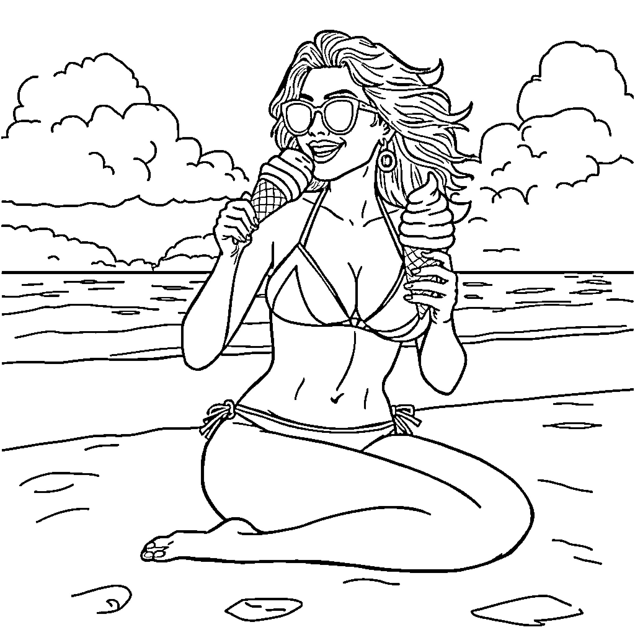 Lady enjoying a sunny day at the beach Coloring Page (free black-and-white line drawing printable PDF for all, from beginners to advanced learners, including children, teens, adults, and seniors)