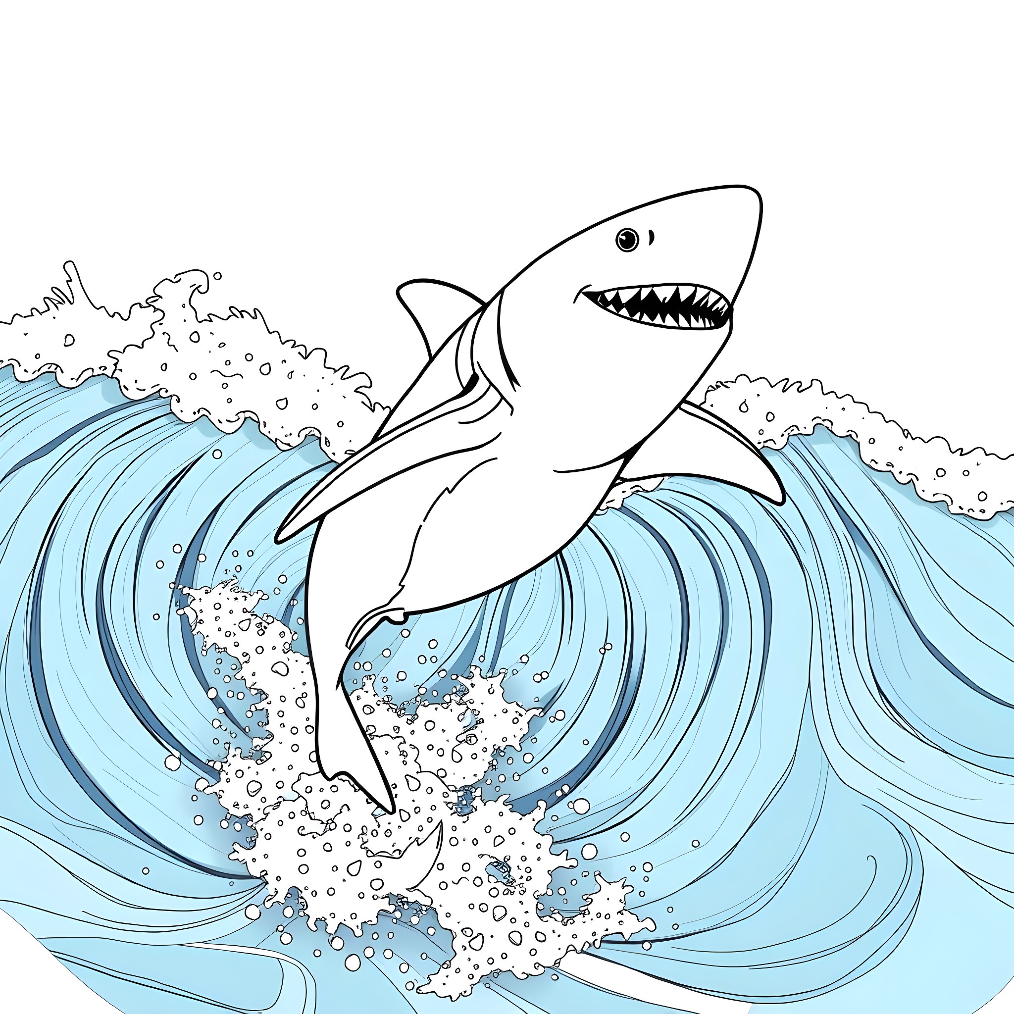 Shark swimming through crashing waves Coloring Page (free black-and-white line drawing printable PDF for all, from beginners to advanced learners, including children, teens, adults, and seniors)