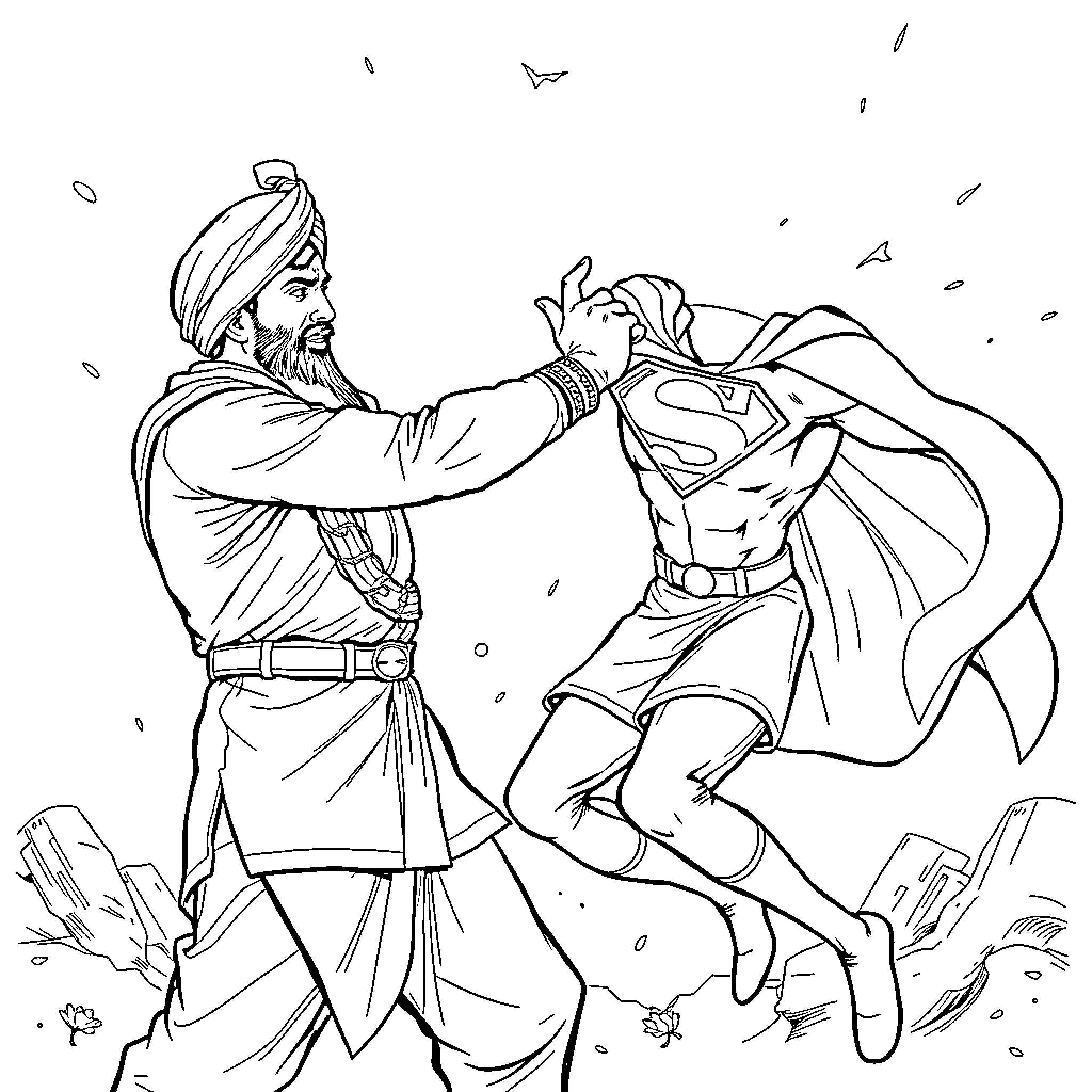 Punjabi Guy Fights Powerful Superhero in Epic Battle Coloring Page (free black-and-white line drawing printable PDF for all, from beginners to advanced learners, including children, teens, adults, and seniors)