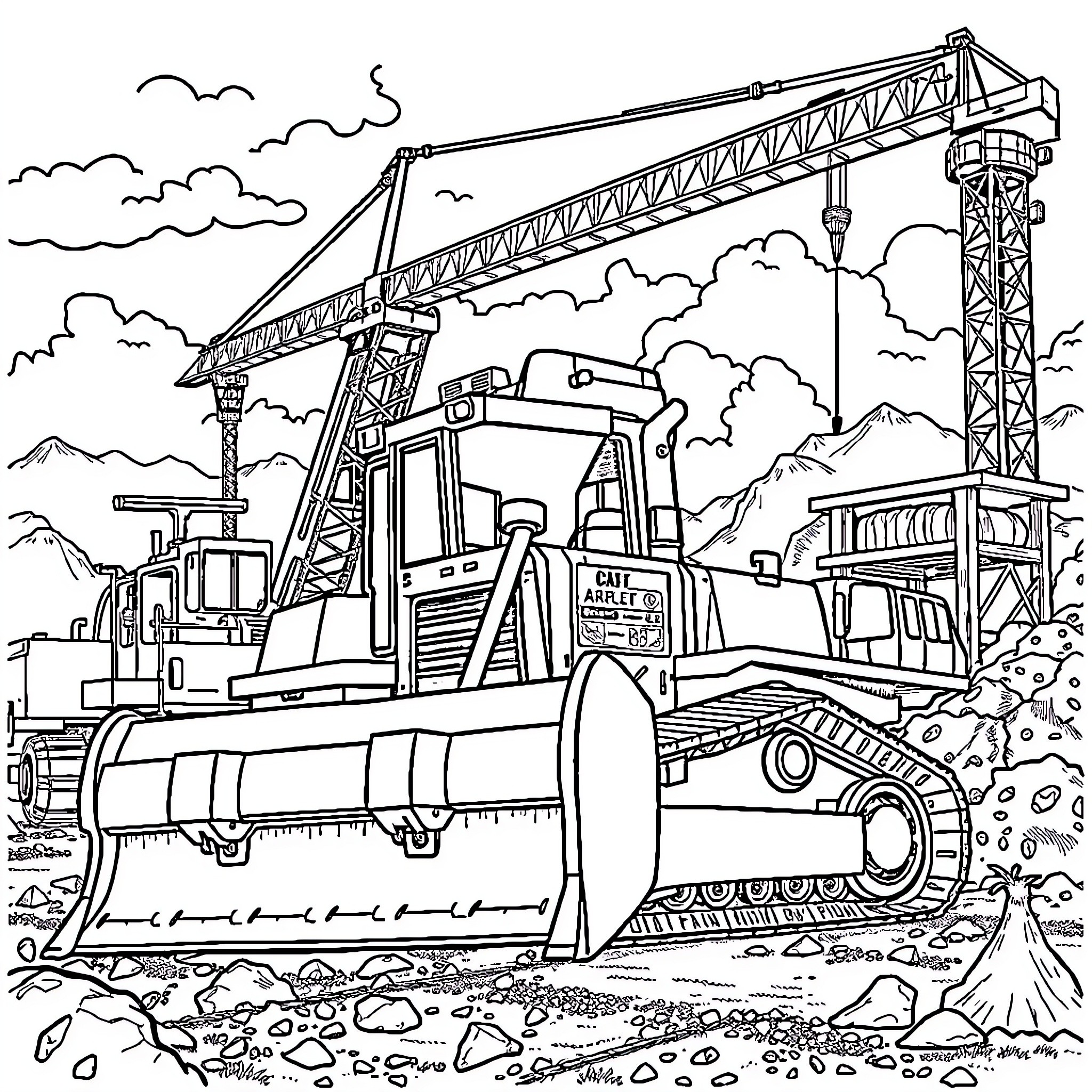 Heavy Equipment at a Construction Site Coloring Page (free black-and-white line drawing printable PDF for all, from beginners to advanced learners, including children, teens, adults, and seniors)