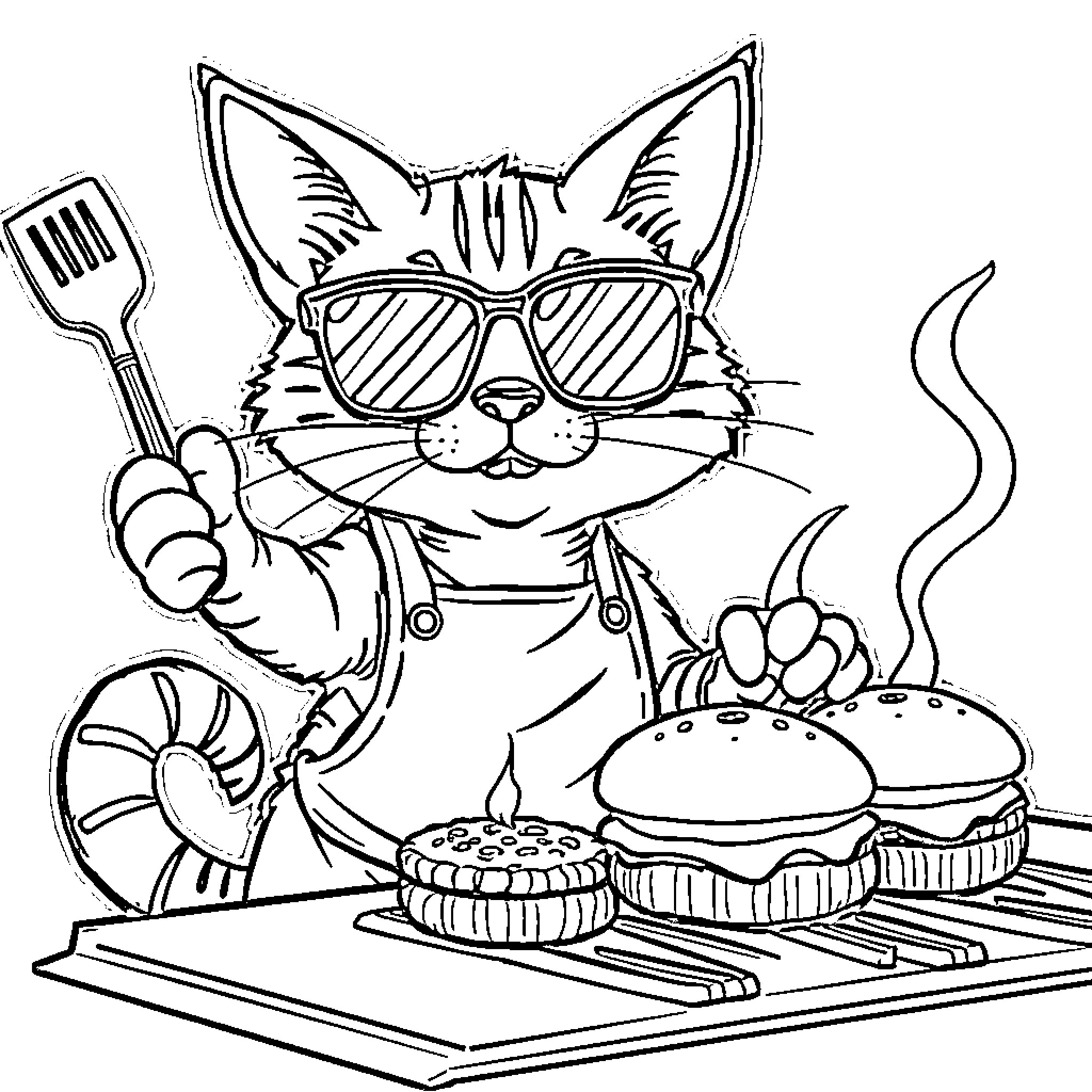 Cat chef cooking up a tasty meal Coloring Page (free black-and-white line drawing printable PDF for all, from beginners to advanced learners, including children, teens, adults, and seniors)