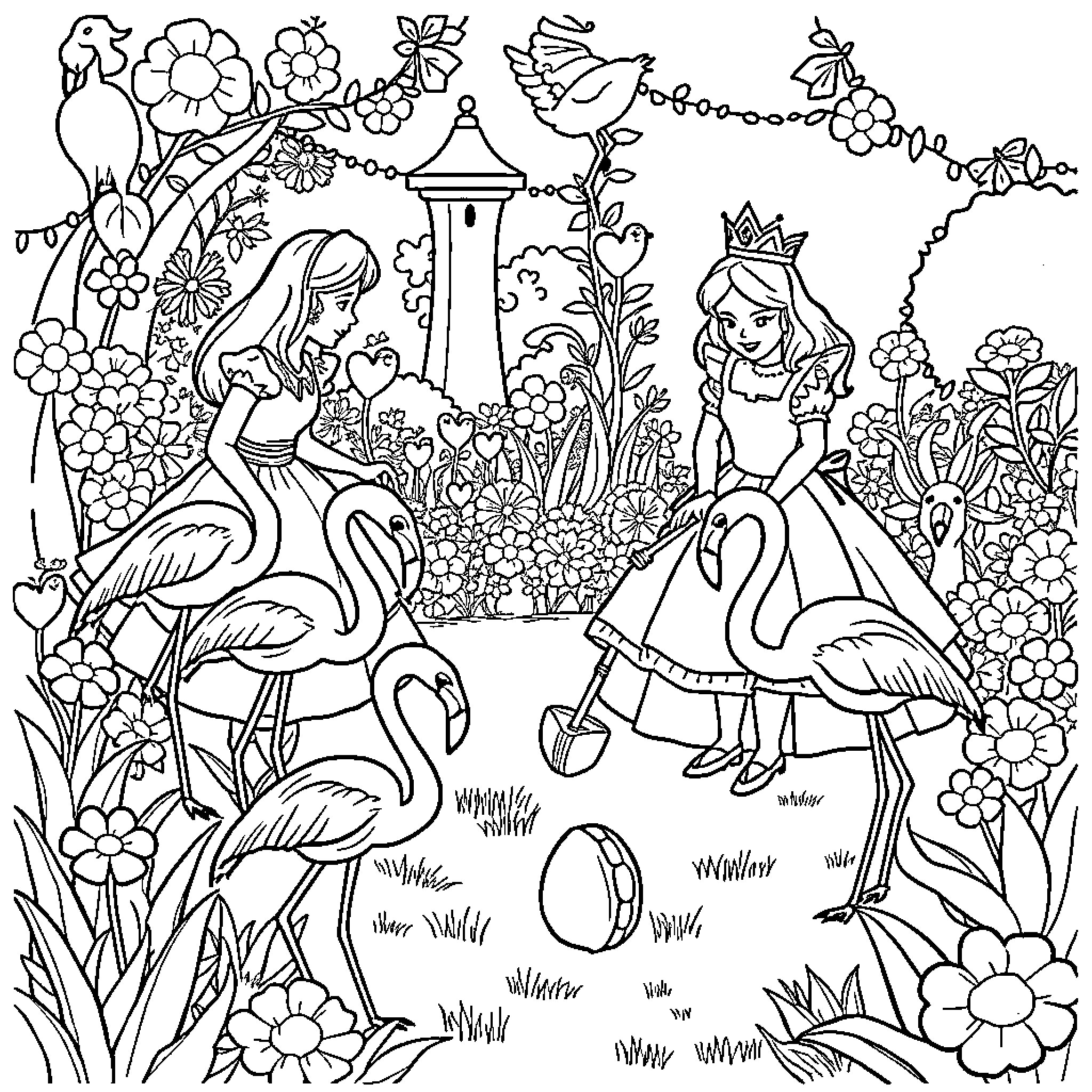 Alice's Enchanted Garden Adventure Coloring Page (free black-and-white line drawing printable PDF for all, from beginners to advanced learners, including children, teens, adults, and seniors)