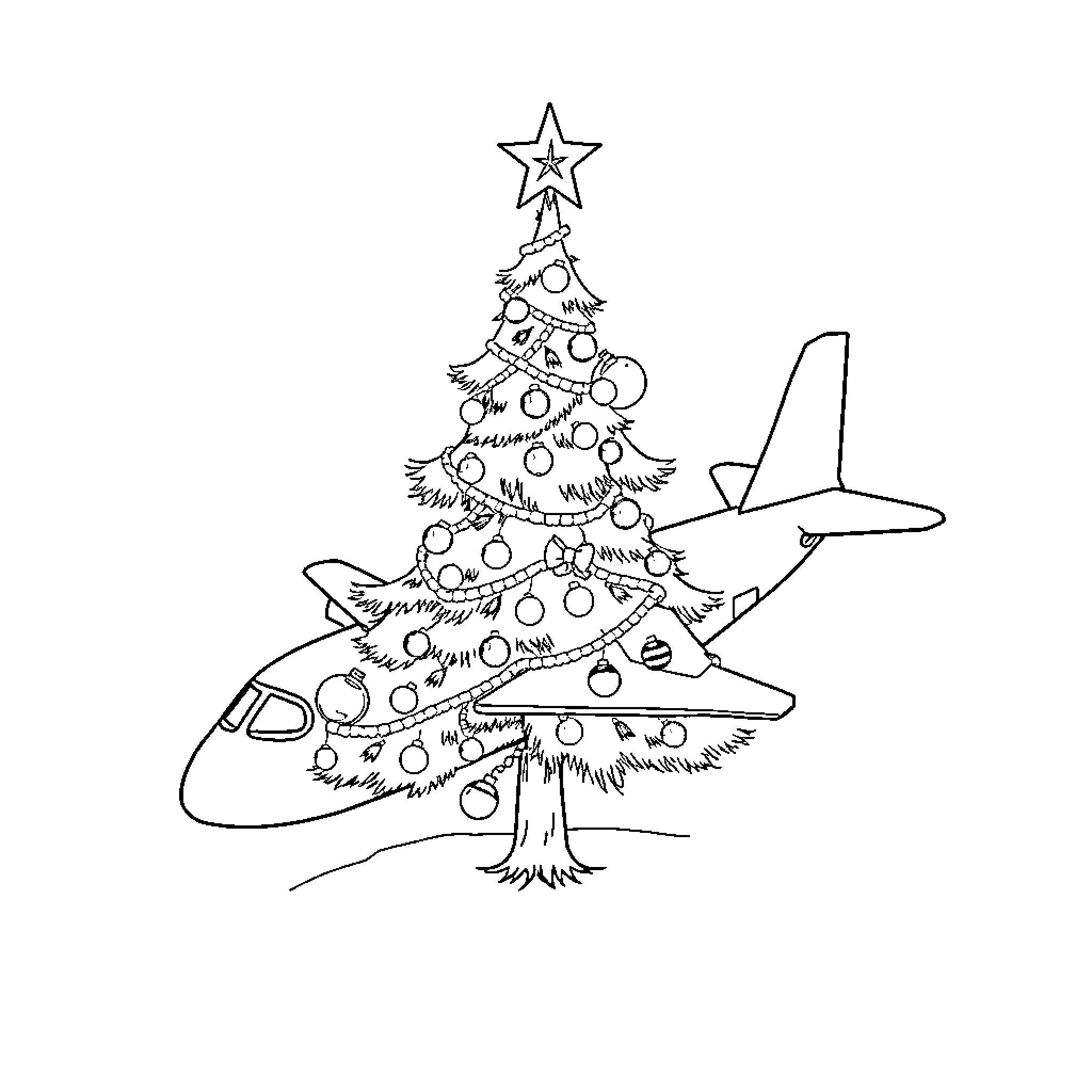 Christmas Tree Decorated with Airplanes Coloring Page (free black-and-white line drawing printable PDF for all, from beginners to advanced learners, including children, teens, adults, and seniors)