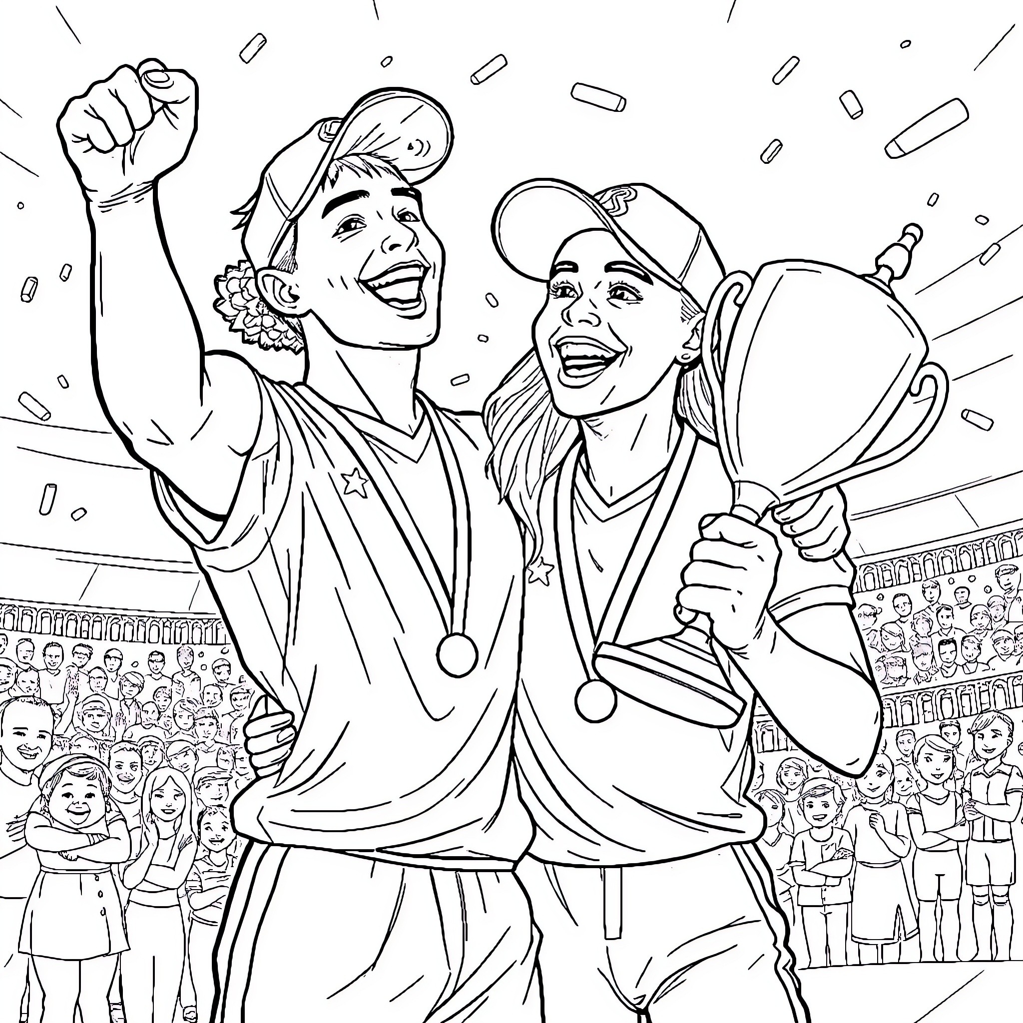 Dove celebrating victory with teammate Coloring Page (free black-and-white line drawing printable PDF for all, from beginners to advanced learners, including children, teens, adults, and seniors)