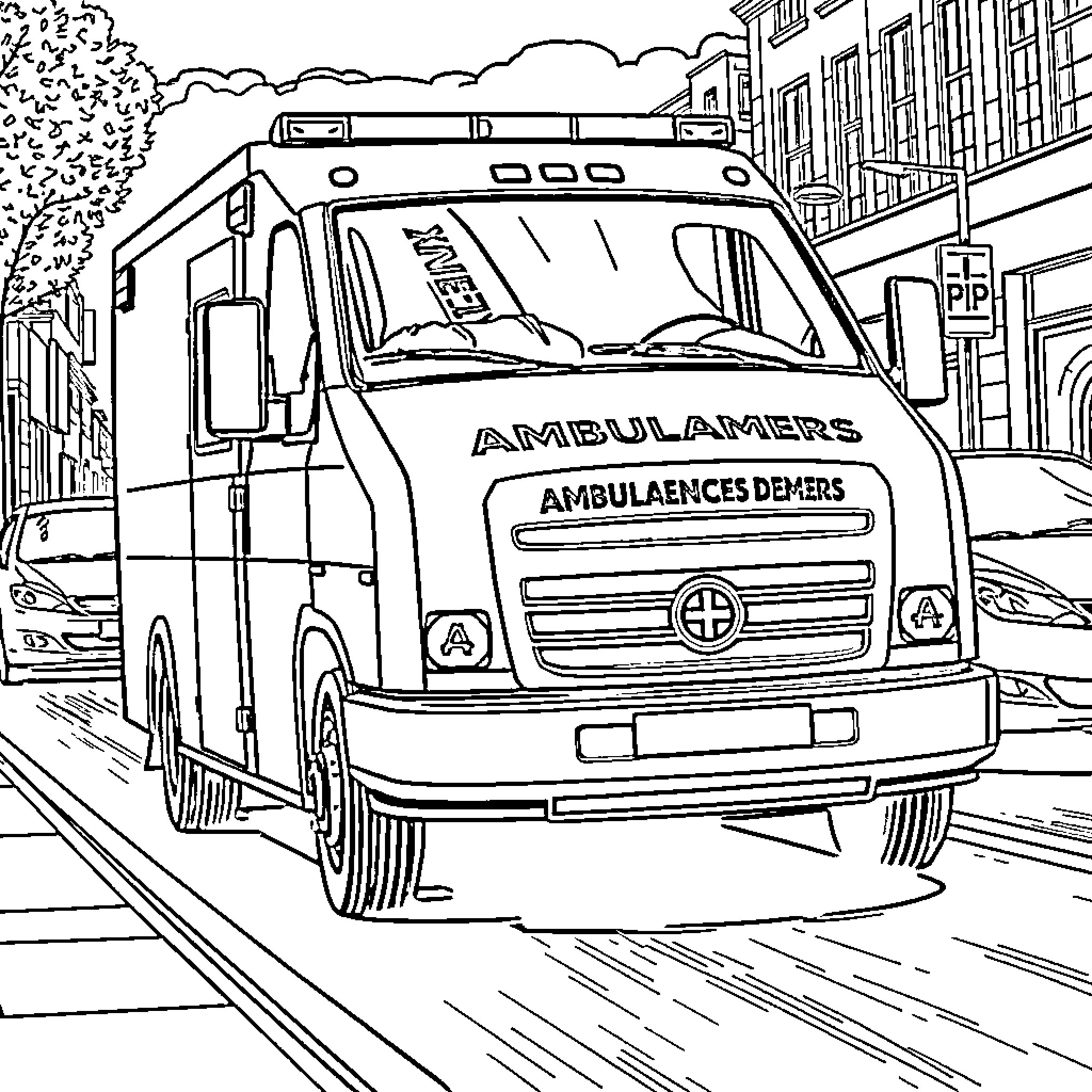 Ambulance rushing through the city streets Coloring Page (free black-and-white line drawing printable PDF for all, from beginners to advanced learners, including children, teens, adults, and seniors)