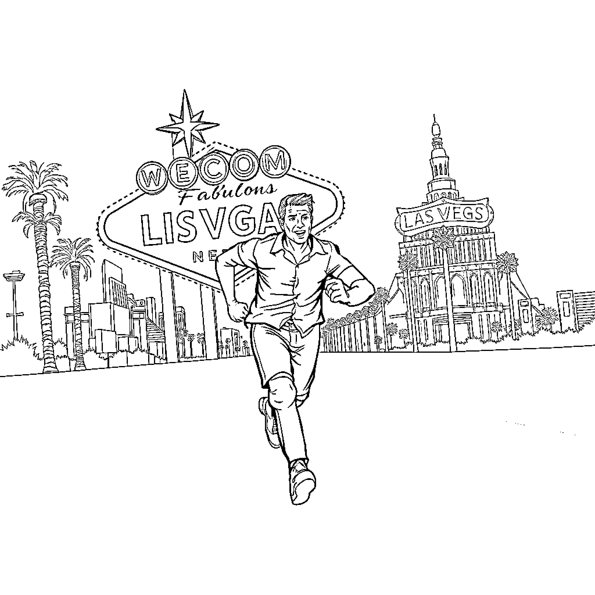 Man walking confidently past Las Vegas landmarks Coloring Page (free black-and-white line drawing printable PDF for all, from beginners to advanced learners, including children, teens, adults, and seniors)