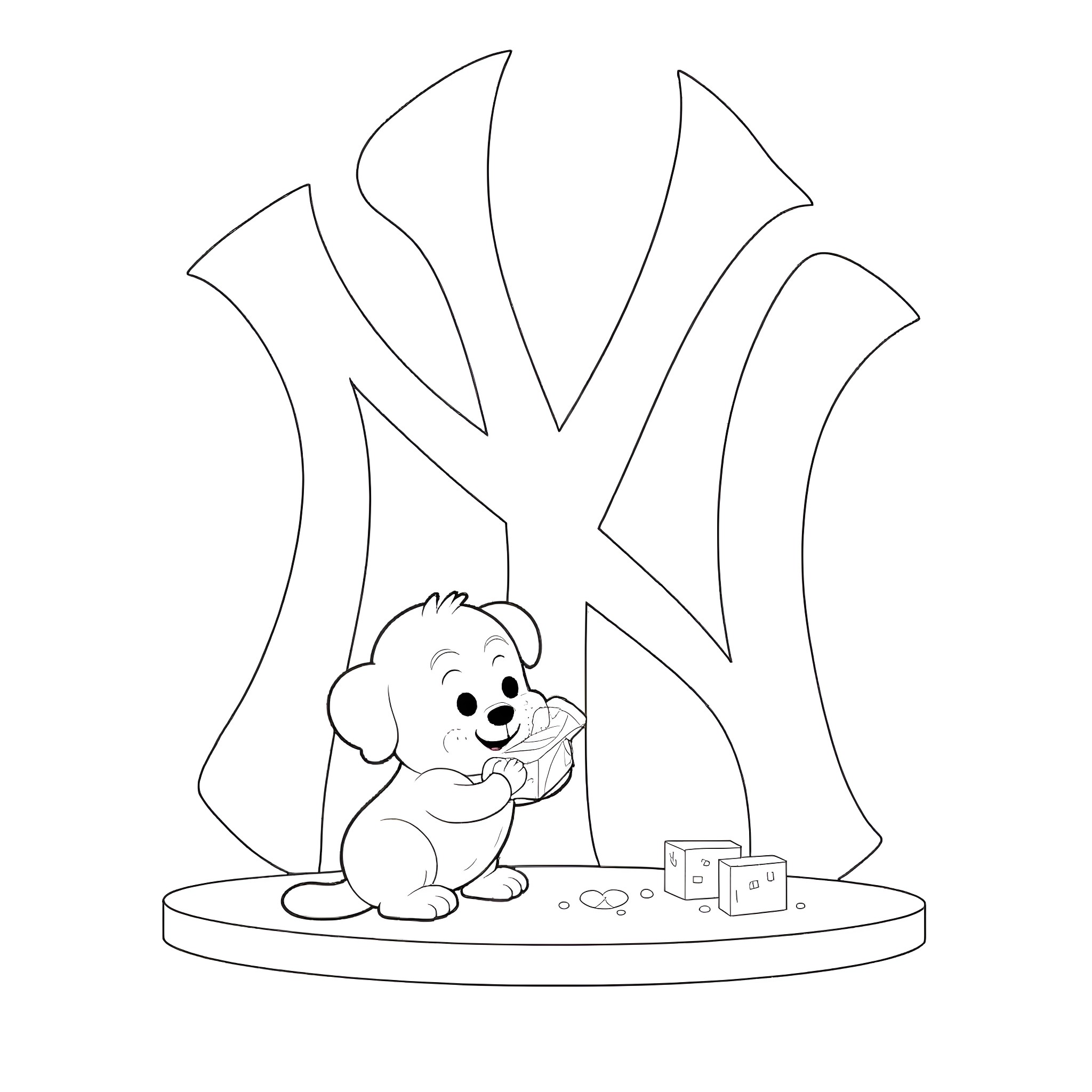 Baby Milo playing with toys in front of Yankees logo Coloring Page (free black-and-white line drawing printable PDF for all, from beginners to advanced learners, including children, teens, adults, and seniors)