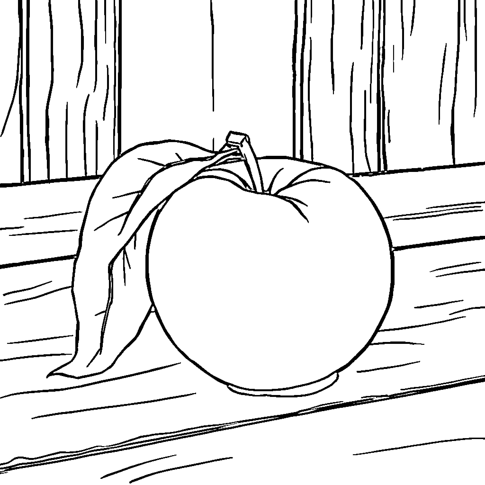Peach resting on wooden surface Coloring Page (free black-and-white line drawing printable PDF for all, from beginners to advanced learners, including children, teens, adults, and seniors)