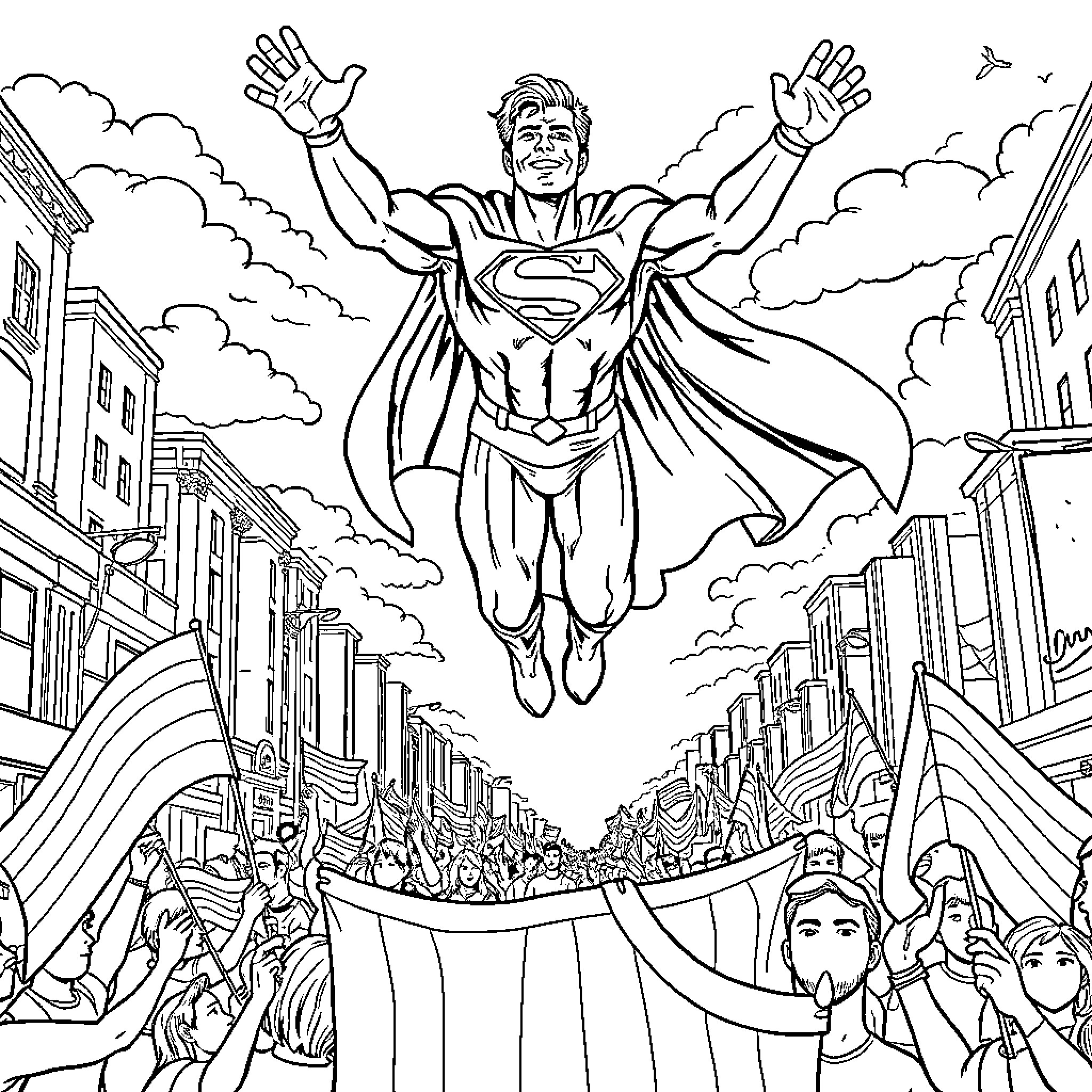 Superman soaring over a cheering crowd in the city Coloring Page (free black-and-white line drawing printable PDF for all, from beginners to advanced learners, including children, teens, adults, and seniors)