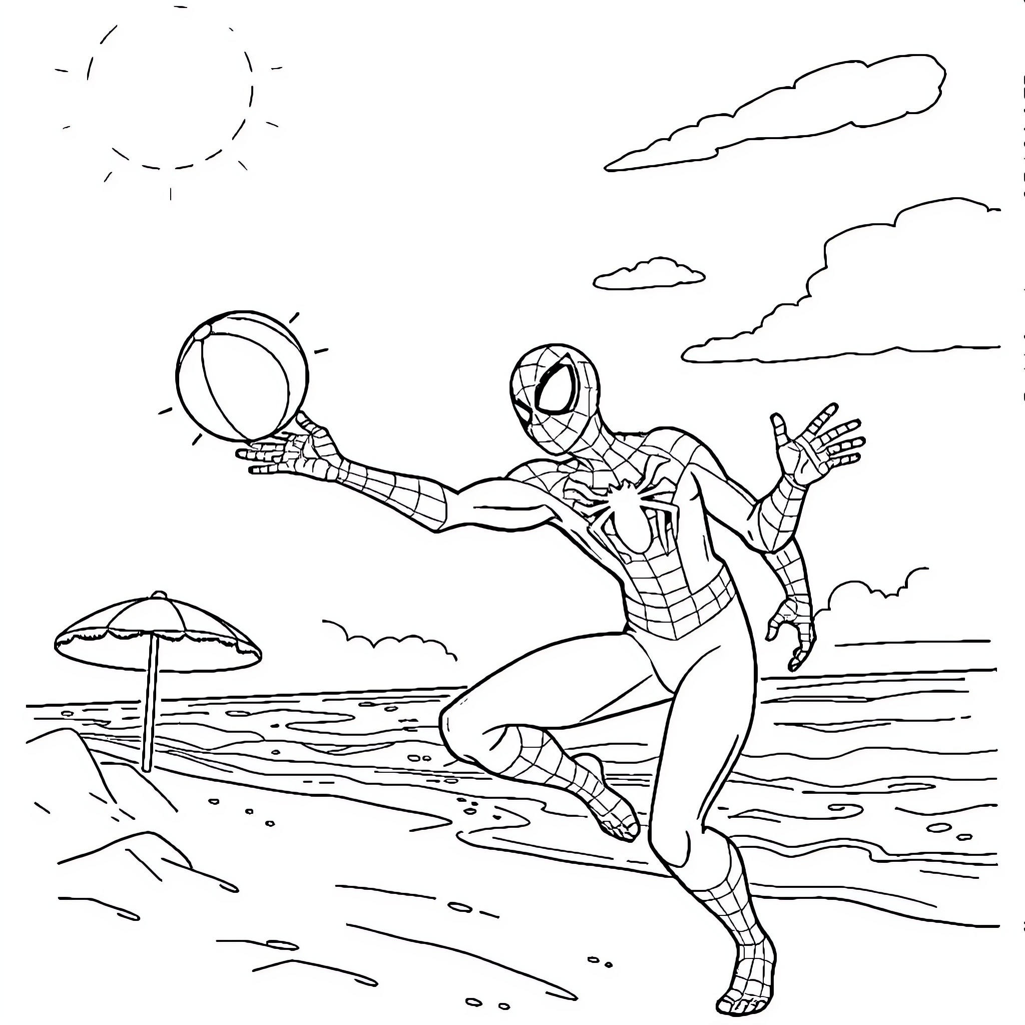 Spiderman enjoying a sunny day at the beach Coloring Page (free black-and-white line drawing printable PDF for all, from beginners to advanced learners, including children, teens, adults, and seniors)