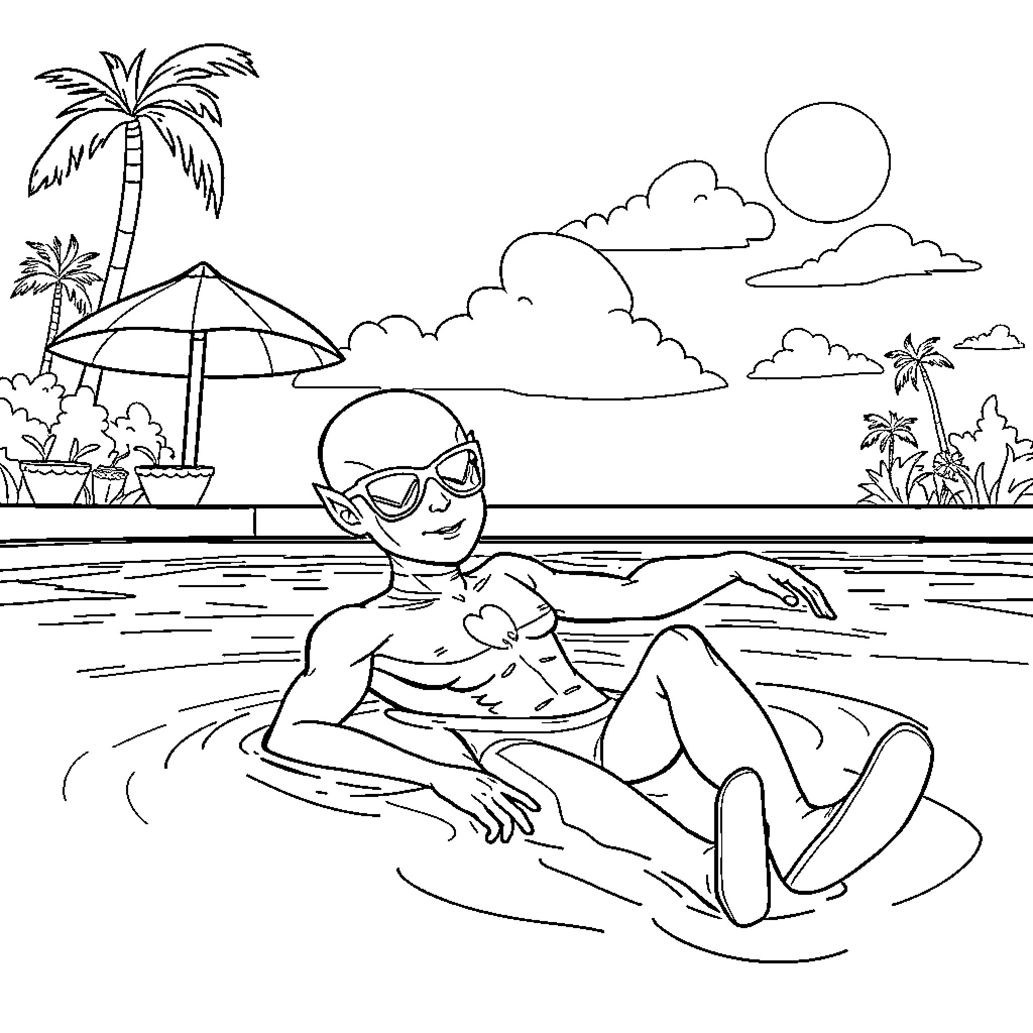 Flash swimming joyfully in the tropical lagoon Coloring Page (free black-and-white line drawing printable PDF for all, from beginners to advanced learners, including children, teens, adults, and seniors)