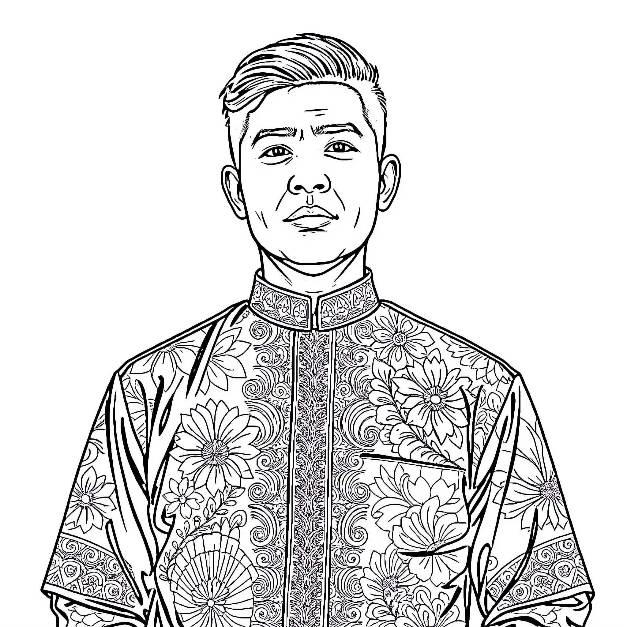 Hero in Ornate Ceremonial Attire Coloring Page (free black-and-white line drawing printable PDF for all, from beginners to advanced learners, including children, teens, adults, and seniors)