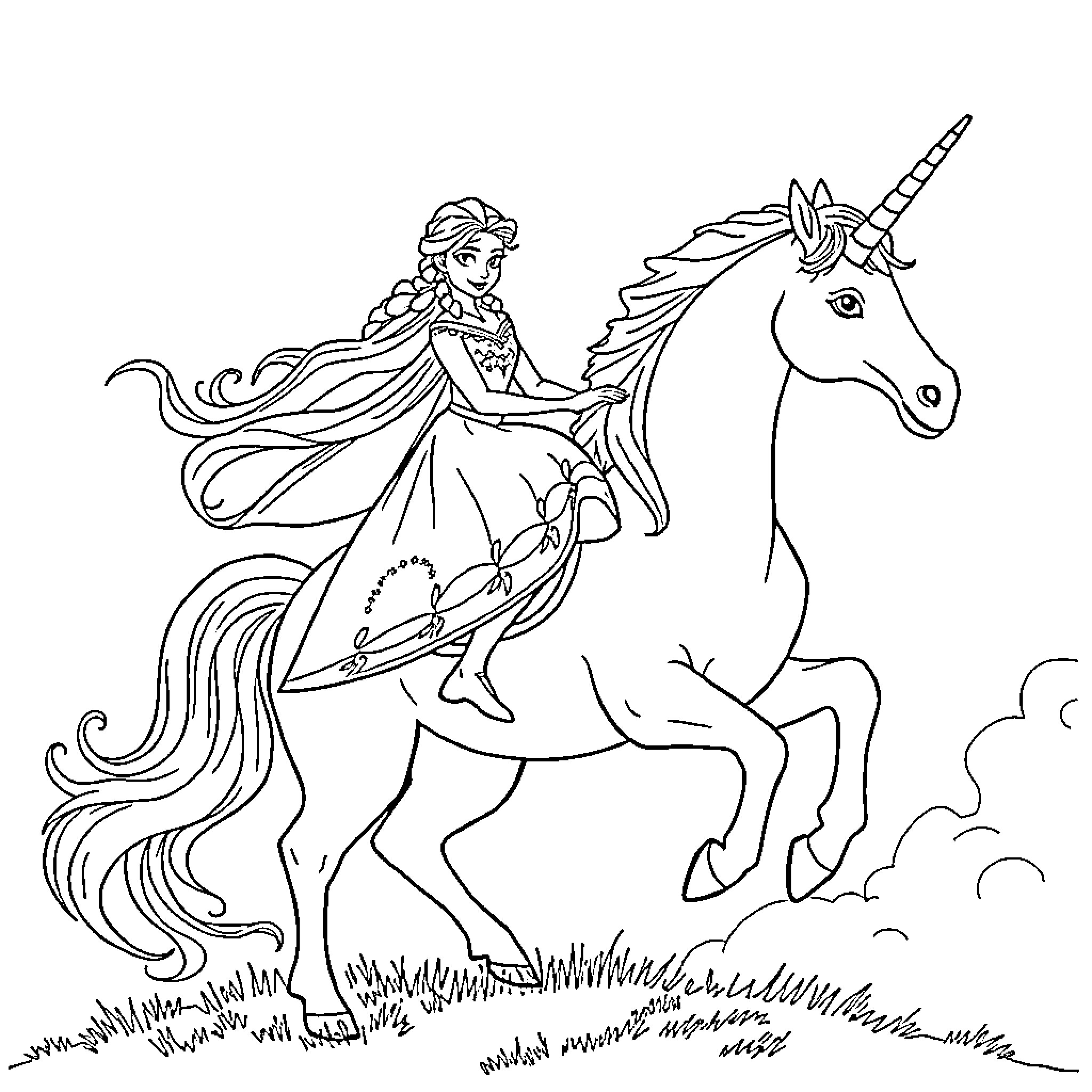 Elsa riding a majestic unicorn through the meadow Coloring Page (free black-and-white line drawing printable PDF for all, from beginners to advanced learners, including children, teens, adults, and seniors)