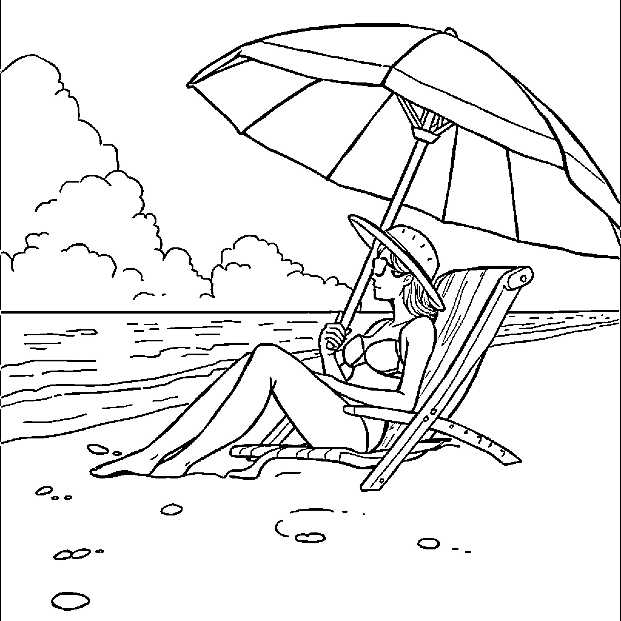 Mandy relaxing on the beach under the parasol Coloring Page (free black-and-white line drawing printable PDF for all, from beginners to advanced learners, including children, teens, adults, and seniors)