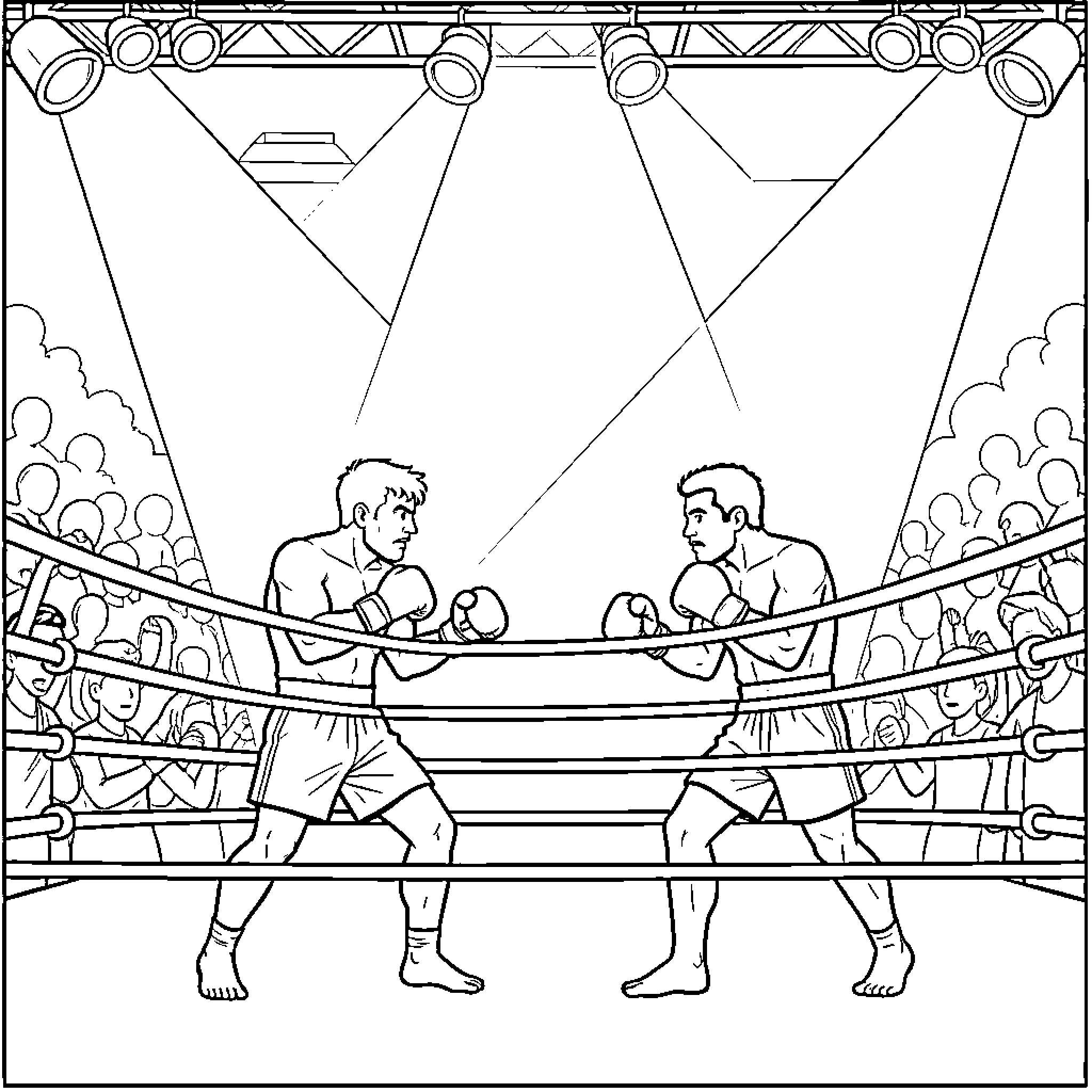 Boxing Ring with Intense Boxer Showdown Coloring Page (free black-and-white line drawing printable PDF for all, from beginners to advanced learners, including children, teens, adults, and seniors)