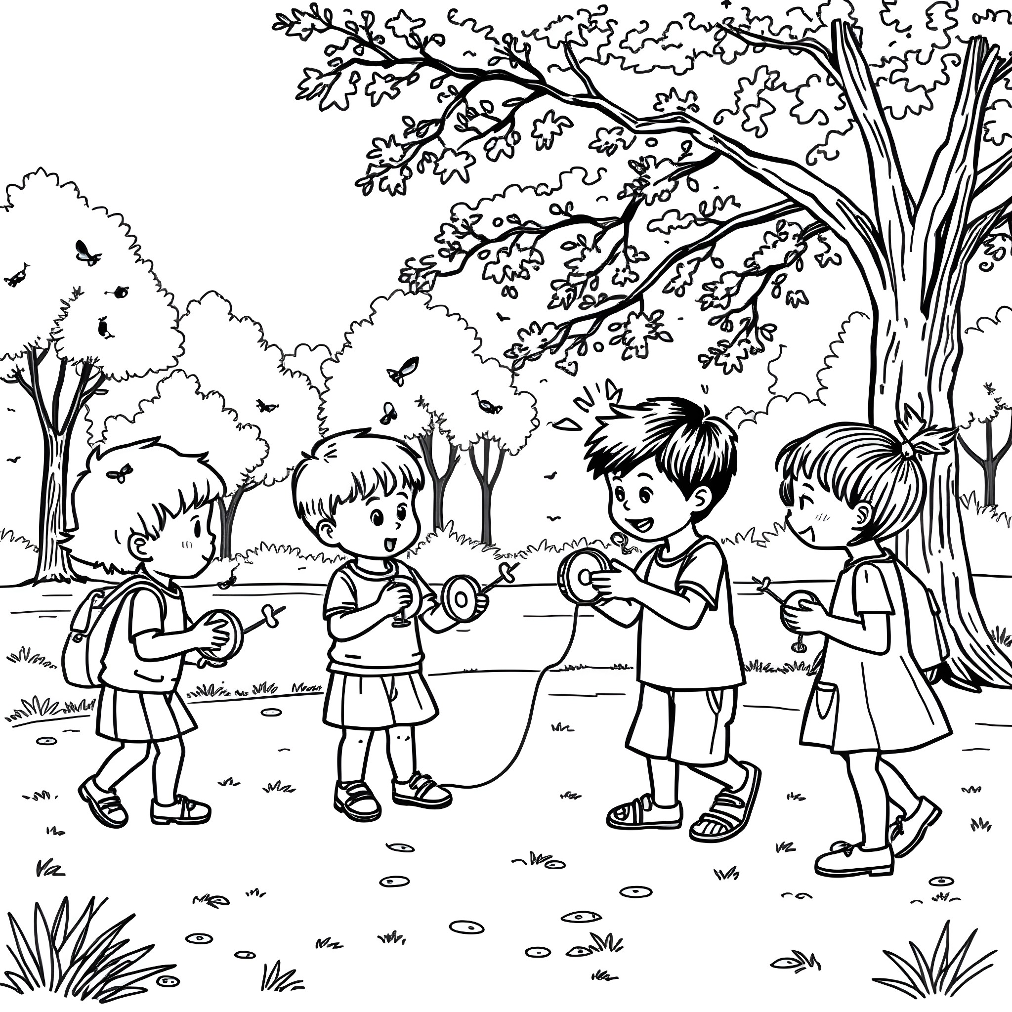 Child playing happily with friends in the park Coloring Page (free black-and-white line drawing printable PDF for all, from beginners to advanced learners, including children, teens, adults, and seniors)