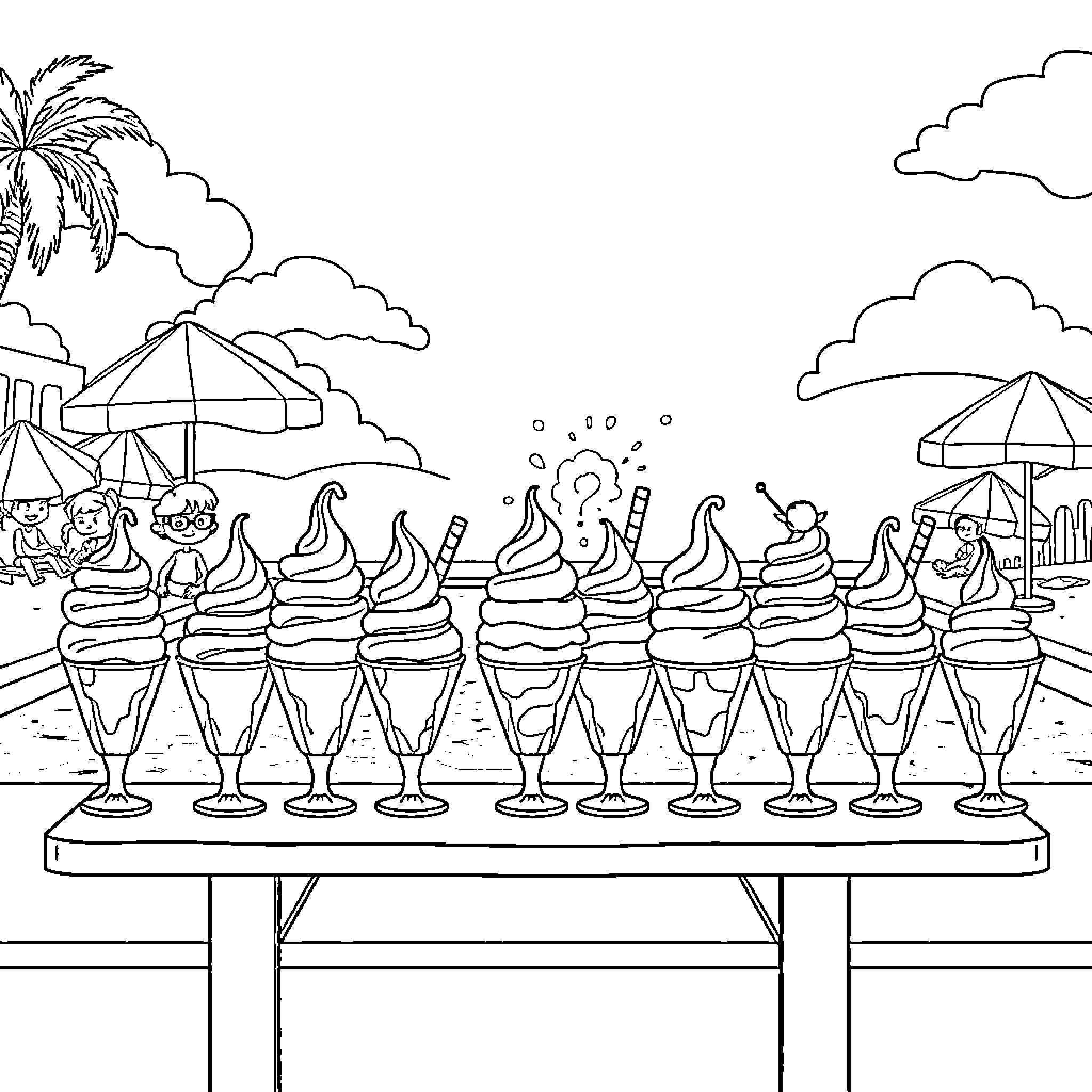 Ice Cream Treats on the Beach Coloring Page (free black-and-white line drawing printable PDF for all, from beginners to advanced learners, including children, teens, adults, and seniors)