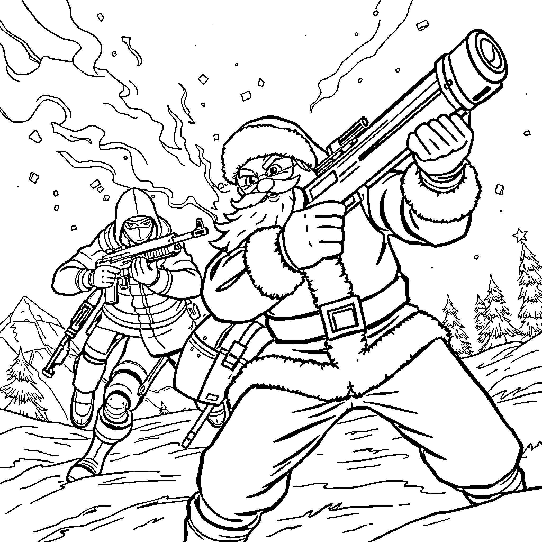 Fortnite Santa Battle Royale Coloring Page (free black-and-white line drawing printable PDF for all, from beginners to advanced learners, including children, teens, adults, and seniors)