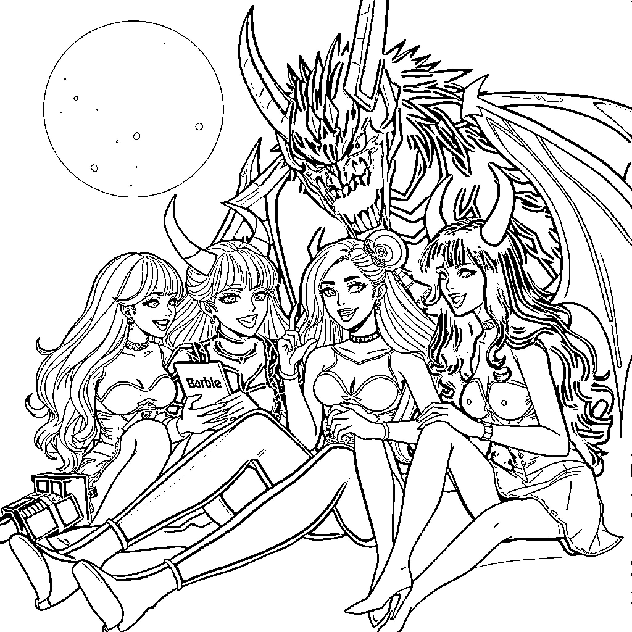 Kpop Demon Hunter: Powerful Women Warriors with Fierce Dragon Coloring Page (free black-and-white line drawing printable PDF for all, from beginners to advanced learners, including children, teens, adults, and seniors)