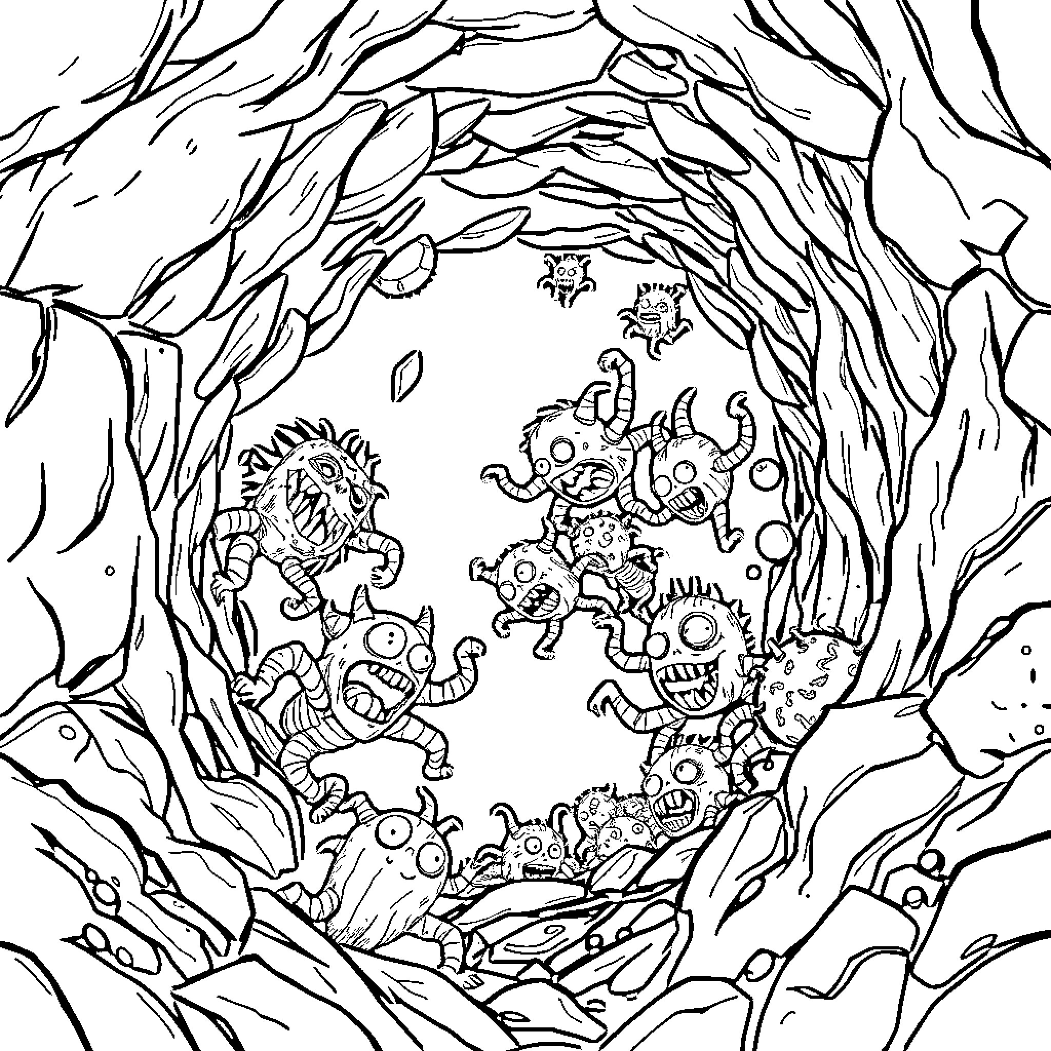 Monster creatures in a dark, twisted forest Coloring Page (free black-and-white line drawing printable PDF for all, from beginners to advanced learners, including children, teens, adults, and seniors)