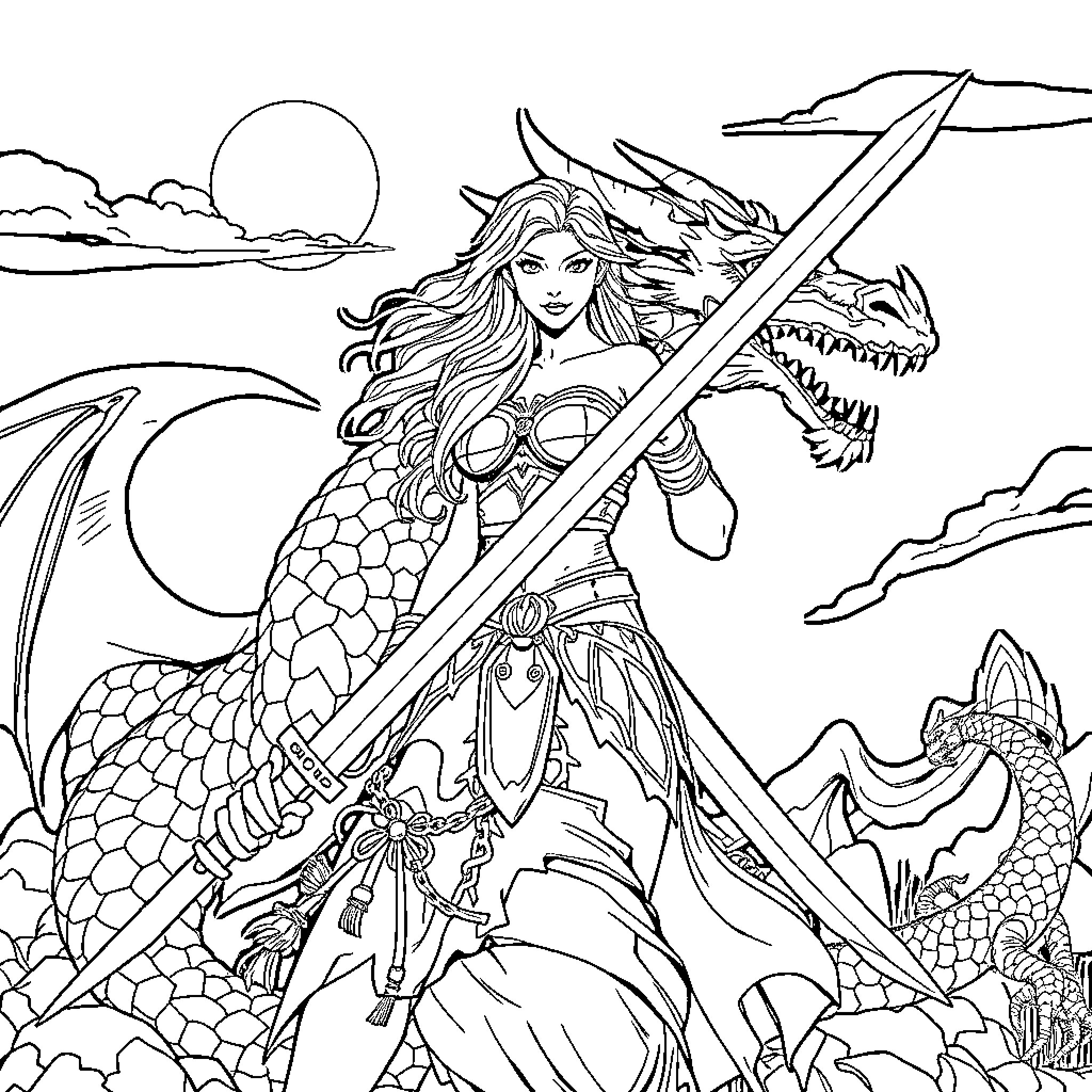Warrior Maiden Battling Fearsome Dragons Coloring Page (free black-and-white line drawing printable PDF for all, from beginners to advanced learners, including children, teens, adults, and seniors)
